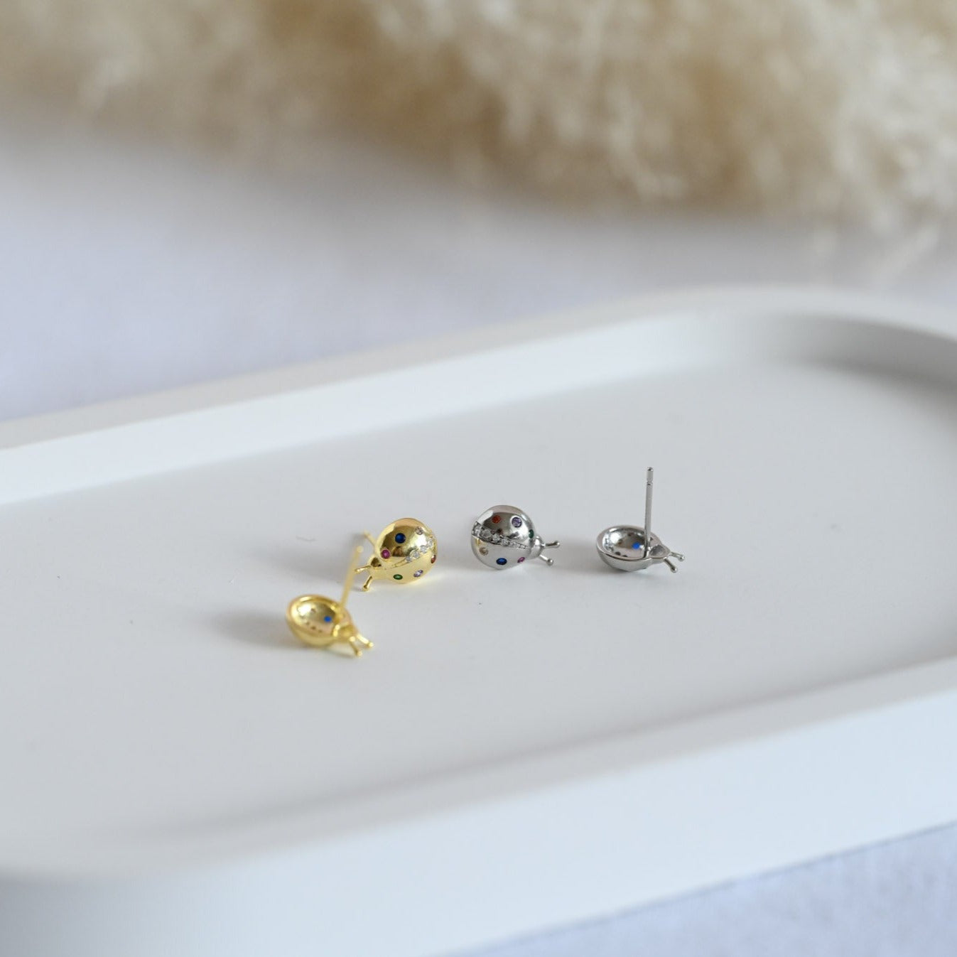 925 Sterling Silver 18K Gold Ladybug Stud Earrings, Colorful Zircon Stones