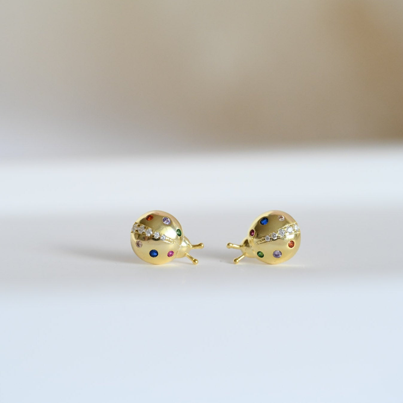 925 Sterling Silver 18K Gold Ladybug Stud Earrings, Colorful Zircon Stones