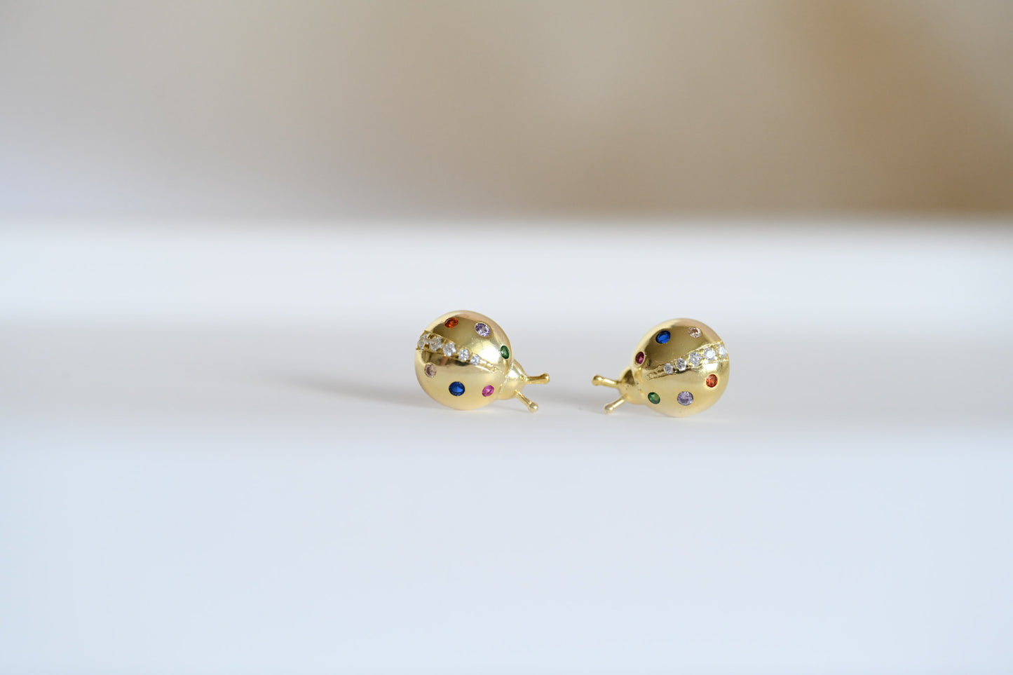 925 Sterling Silver 18K Gold Ladybug Stud Earrings, Colorful Zircon Stones