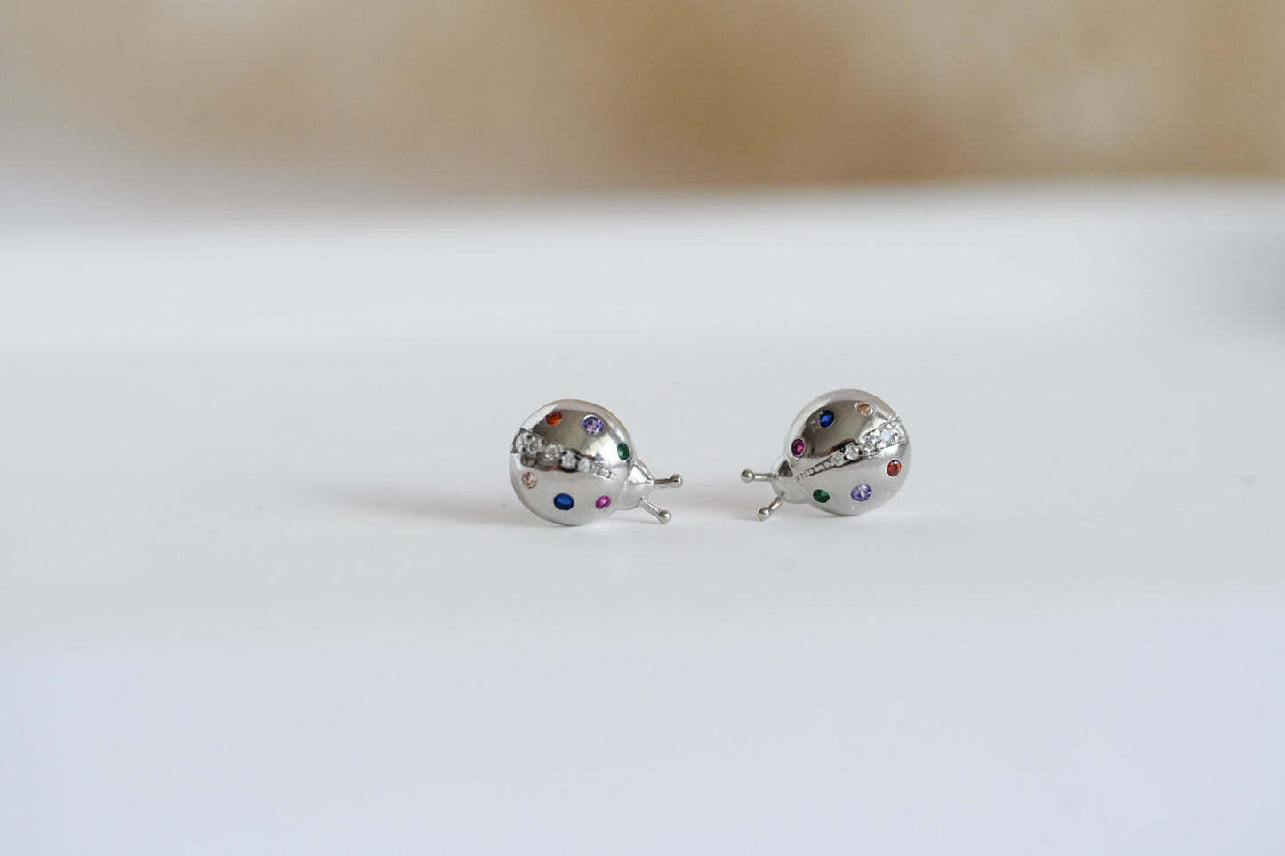 925 Sterling Silver 18K Gold Ladybug Stud Earrings, Colorful Zircon Stones