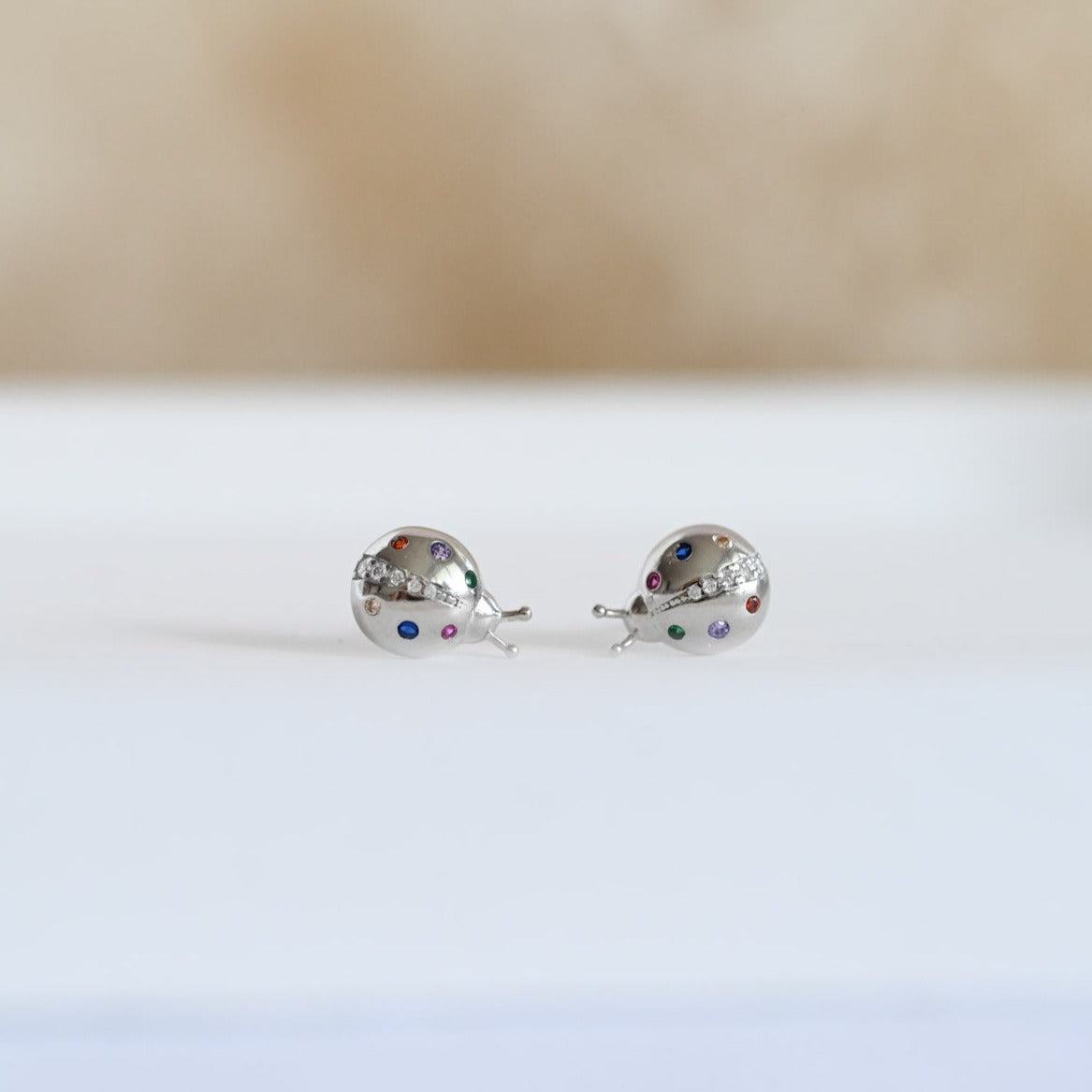 925 Sterling Silver 18K Gold Ladybug Stud Earrings, Colorful Zircon Stones