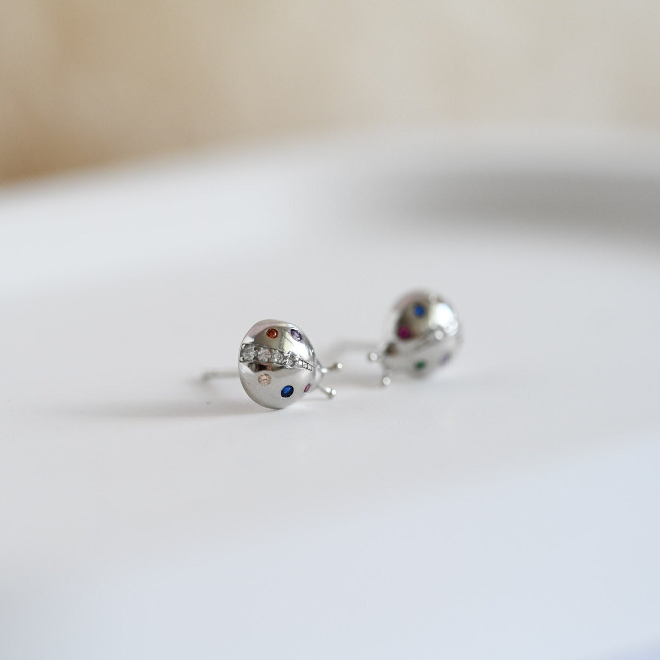 925 Sterling Silver 18K Gold Ladybug Stud Earrings, Colorful Zircon Stones