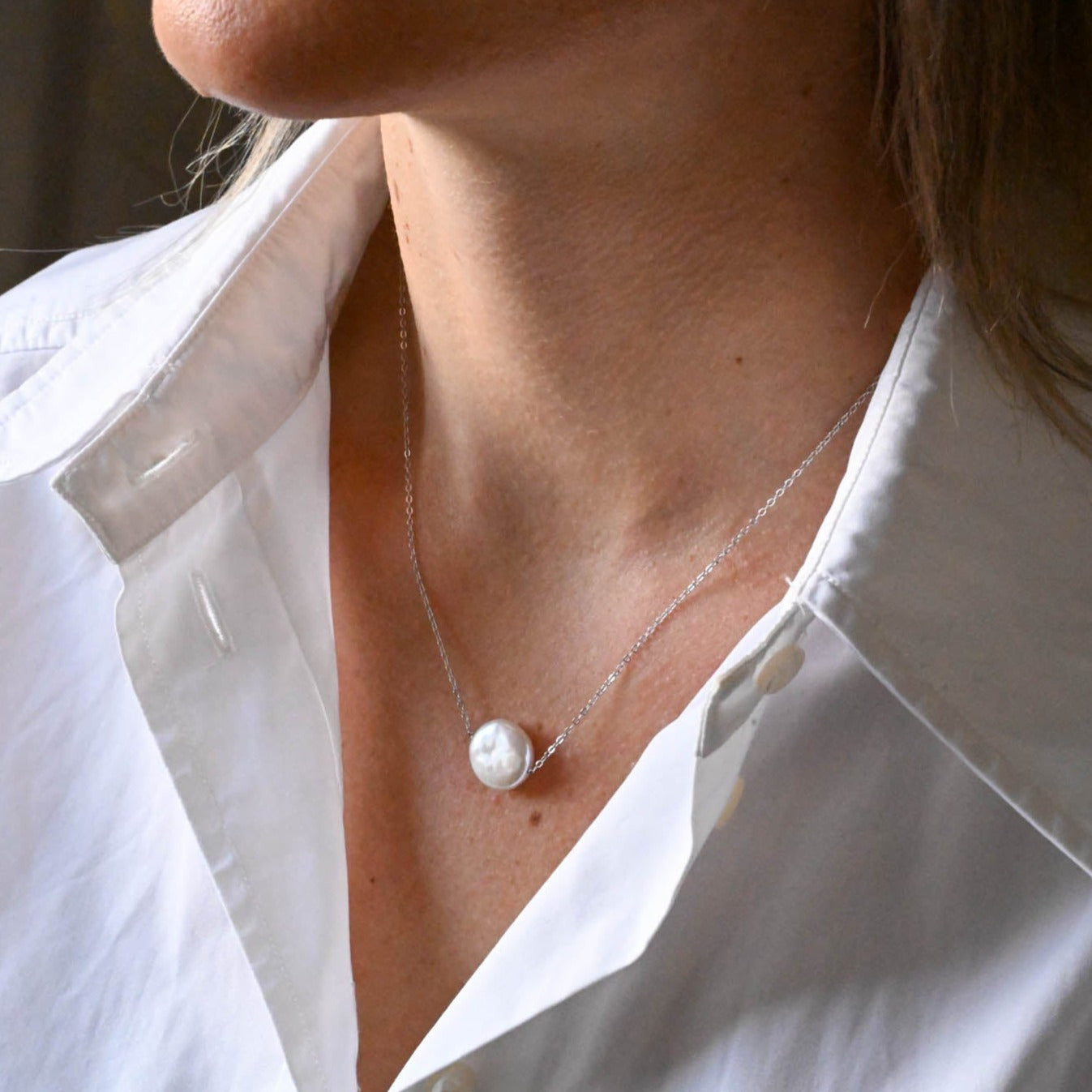 Delicate Handmade Pearl Necklace Coin Pearl, 925 Sterling Silver