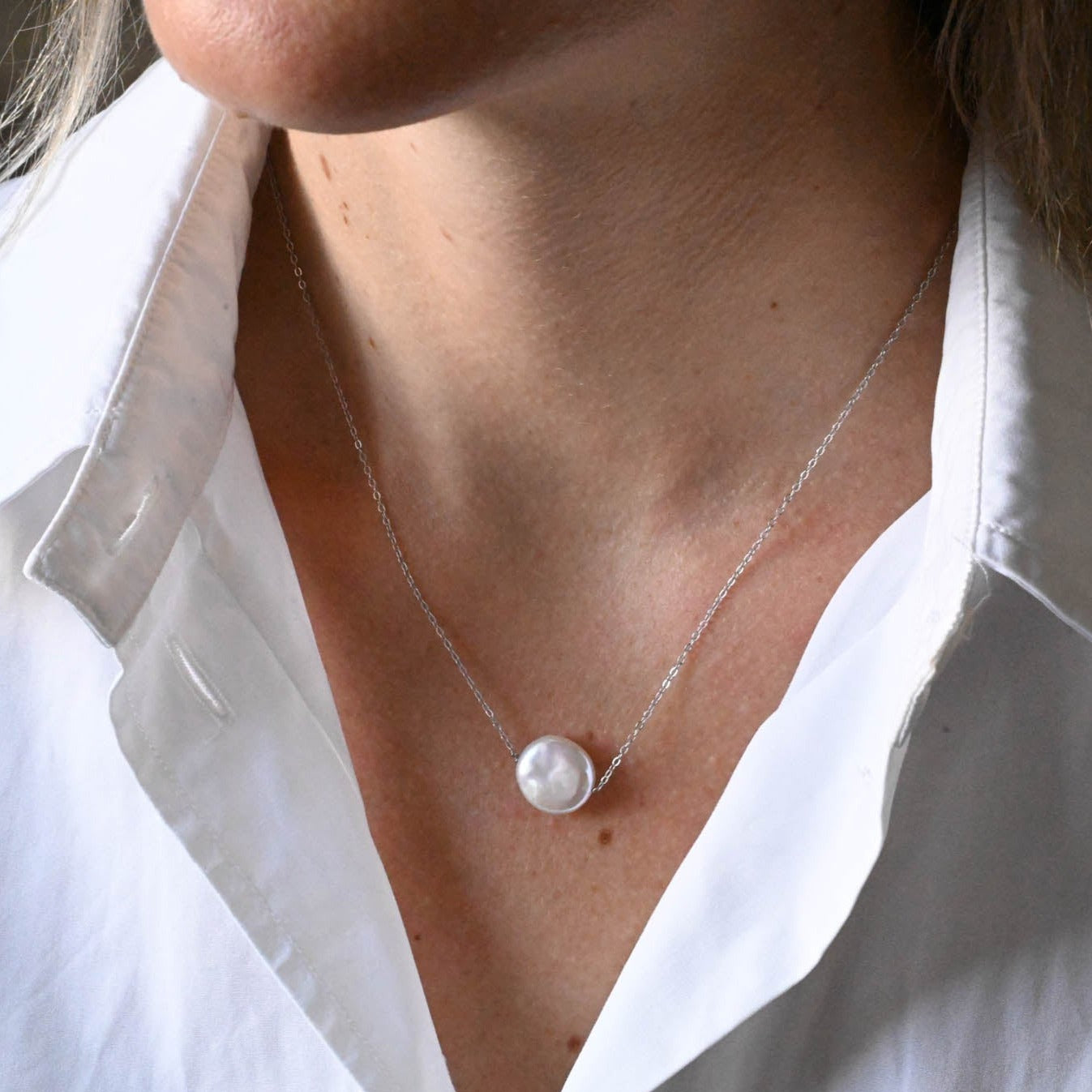 Delicate Handmade Pearl Necklace Coin Pearl, 925 Sterling Silver