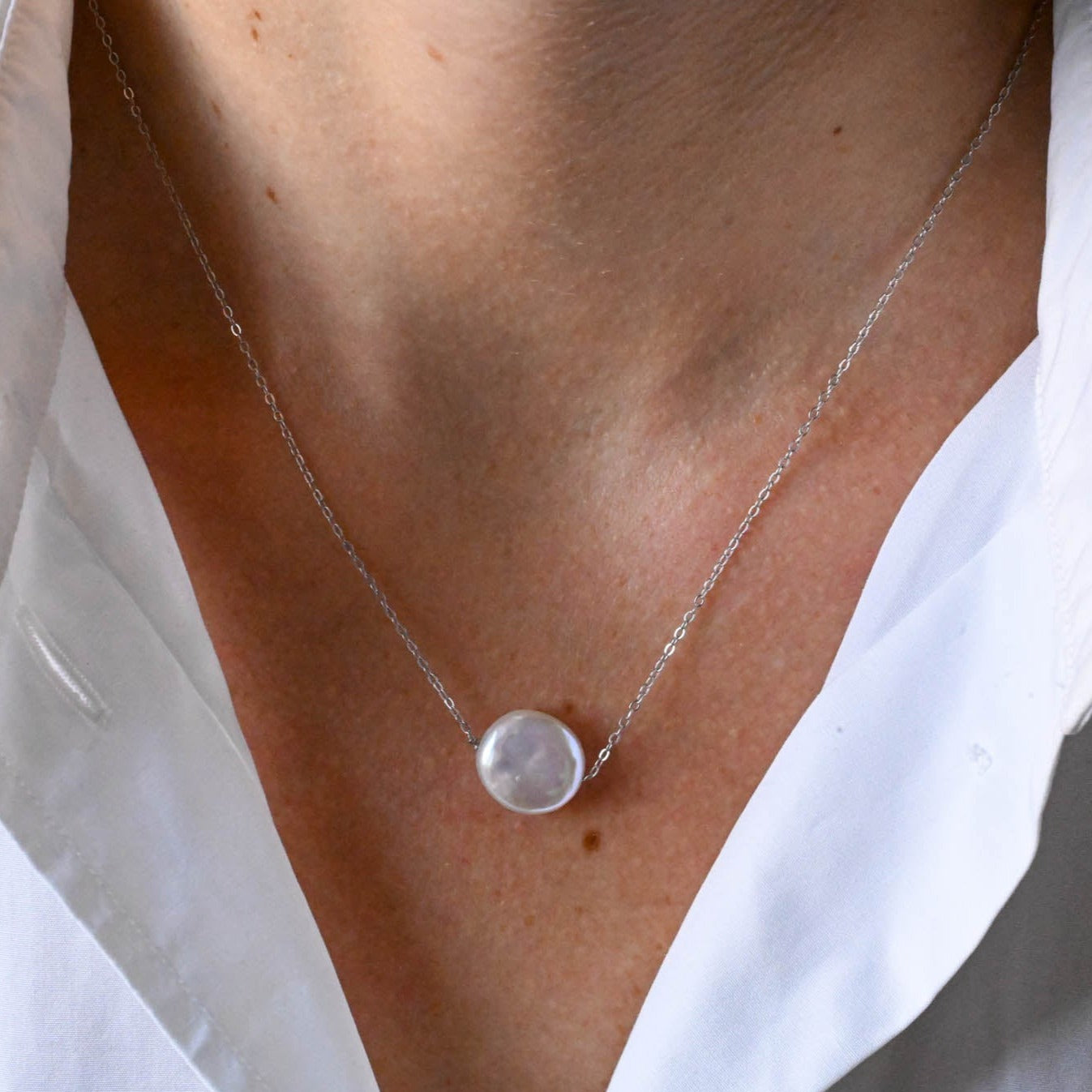 Delicate Handmade Pearl Necklace Coin Pearl, 925 Sterling Silver