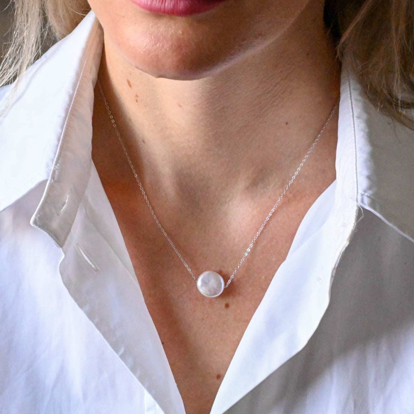 Delicate Handmade Pearl Necklace Coin Pearl, 925 Sterling Silver