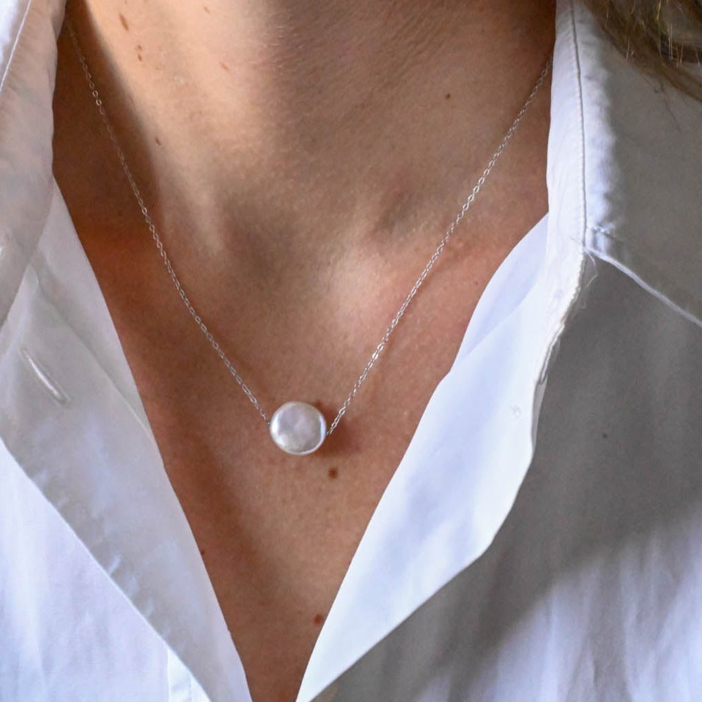 Delicate Handmade Pearl Necklace Coin Pearl, 925 Sterling Silver