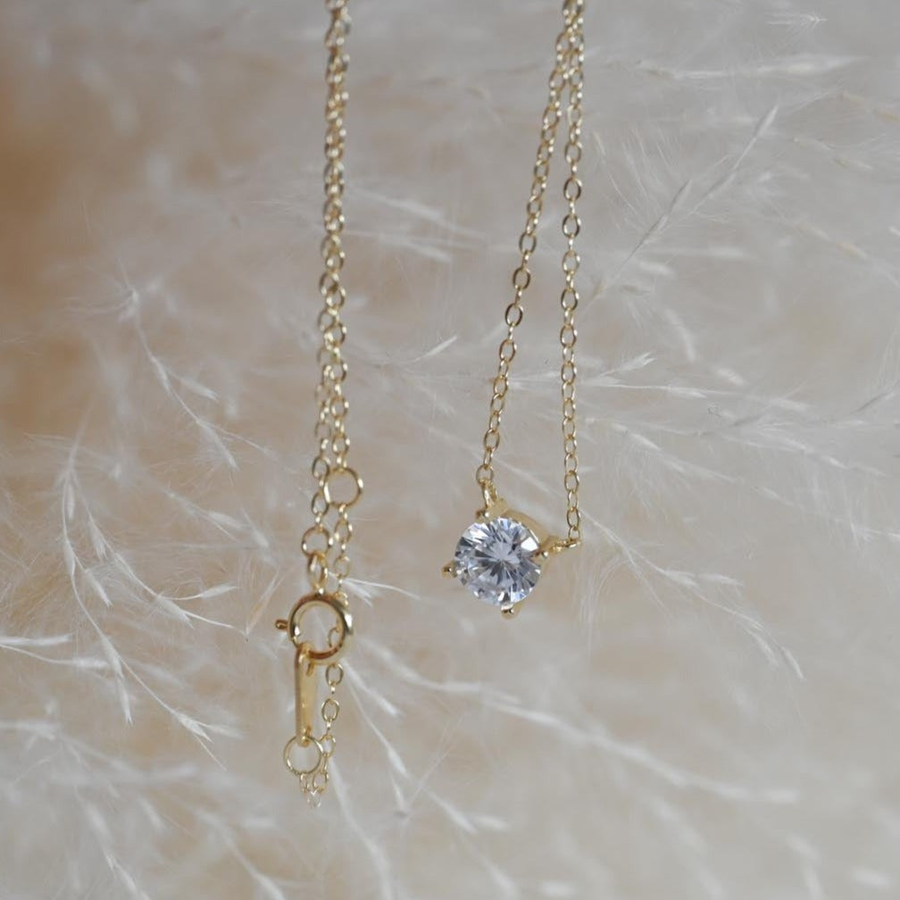 Minimalistische Halskette mit Zirkon Anhänger, 925er Silber, 14K Gold