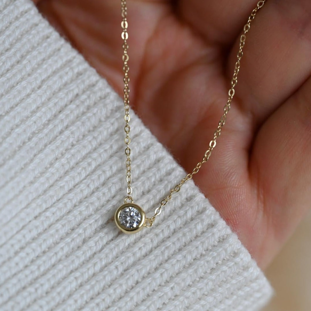 Dainty necklace mini zircon circle pendant, 925 silver, 14K gold