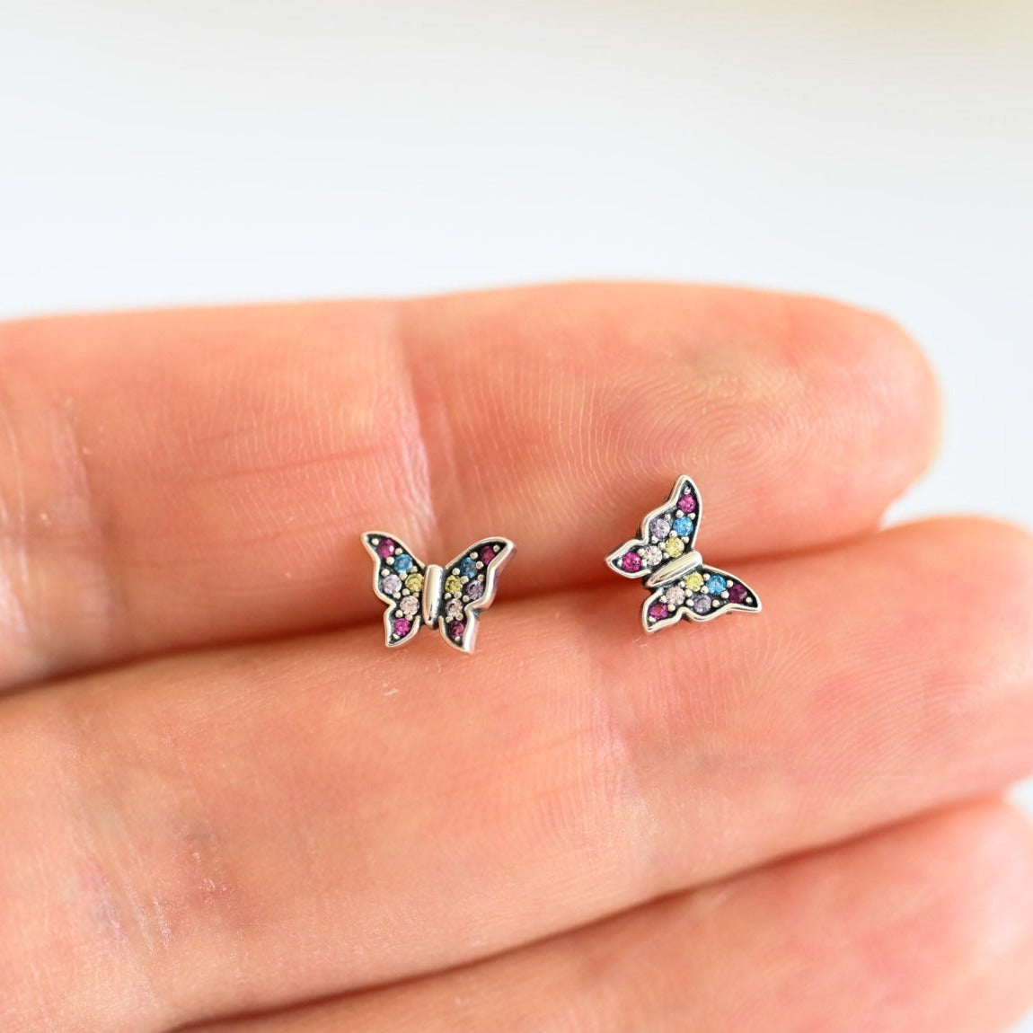 Cute Butterfly, Rainbow Stud Earrings, 925 Silver, Zircon