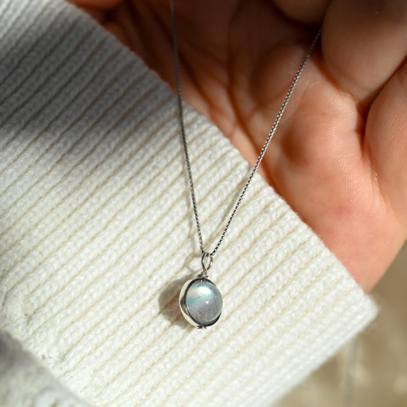 Minimalist necklace with moonstone ball pendant, 925 silver