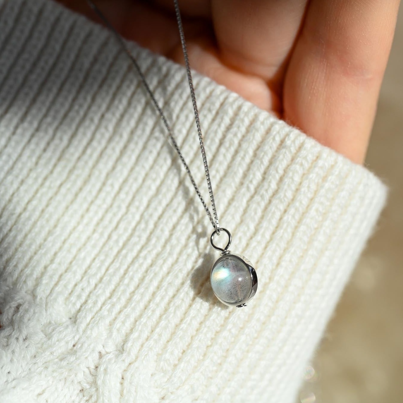 Minimalist necklace with moonstone ball pendant, 925 silver
