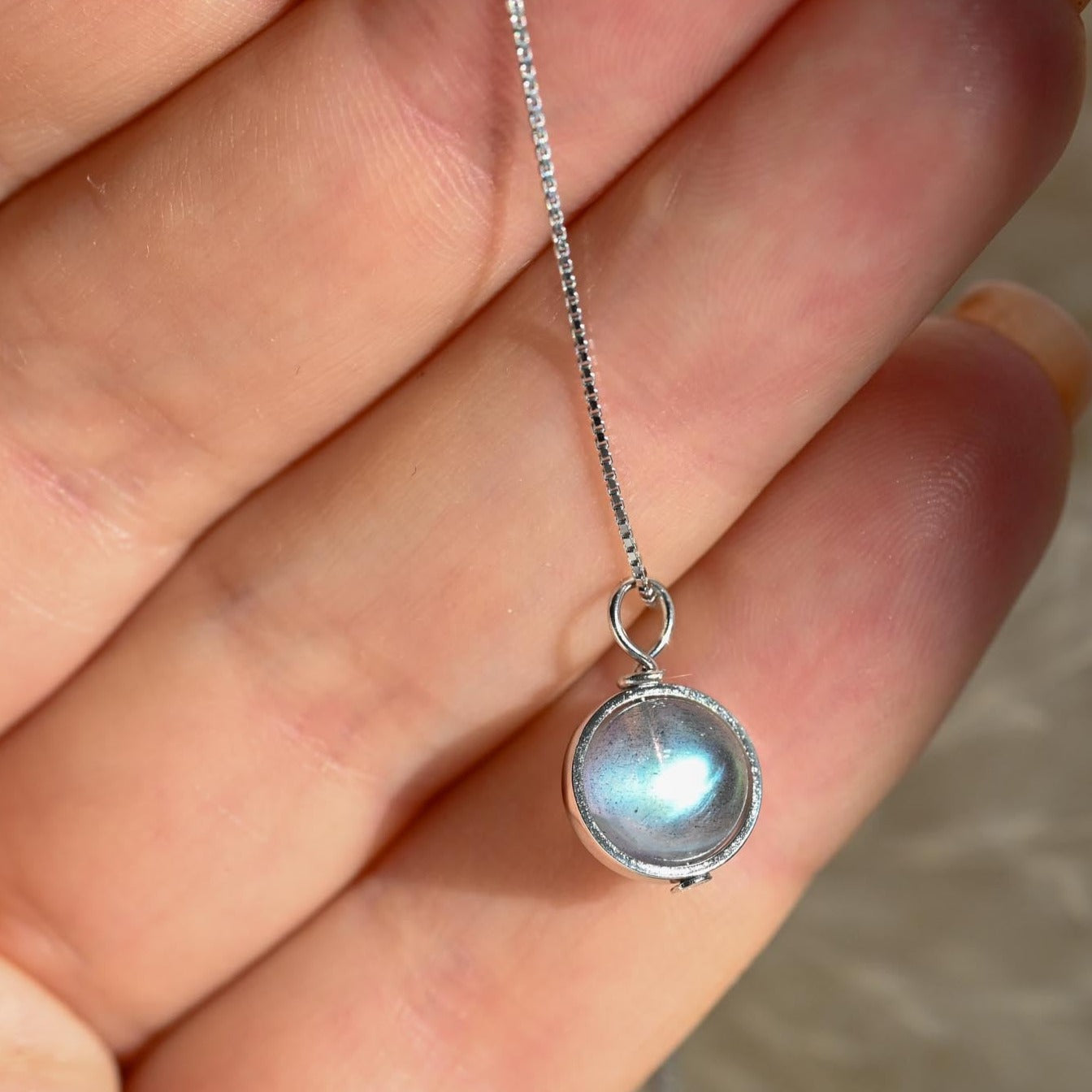 Minimalist necklace with moonstone ball pendant, 925 silver