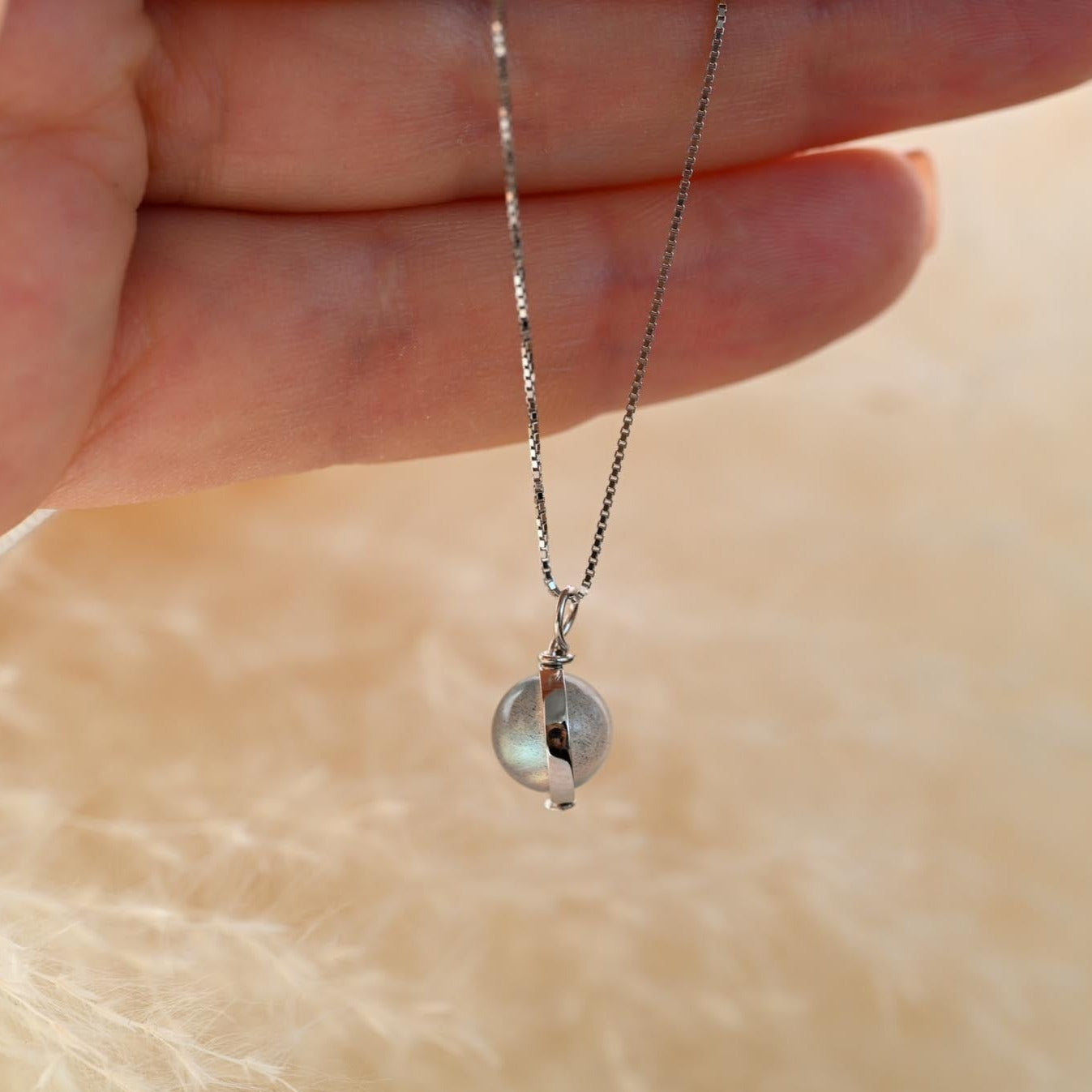 Minimalist necklace with moonstone ball pendant, 925 silver