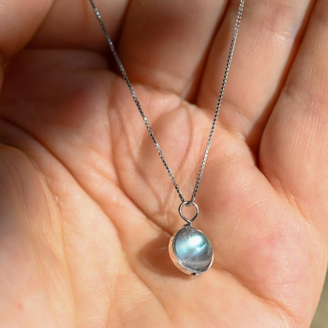 Minimalist necklace with moonstone ball pendant, 925 silver