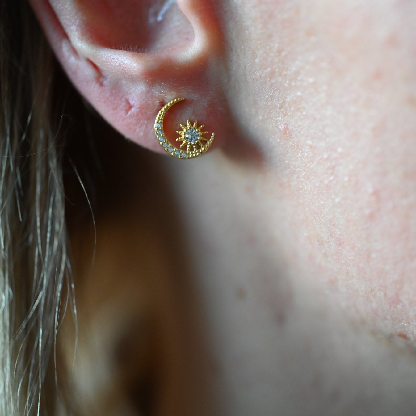 Moon and Stars Stud Earrings, 925 Silver