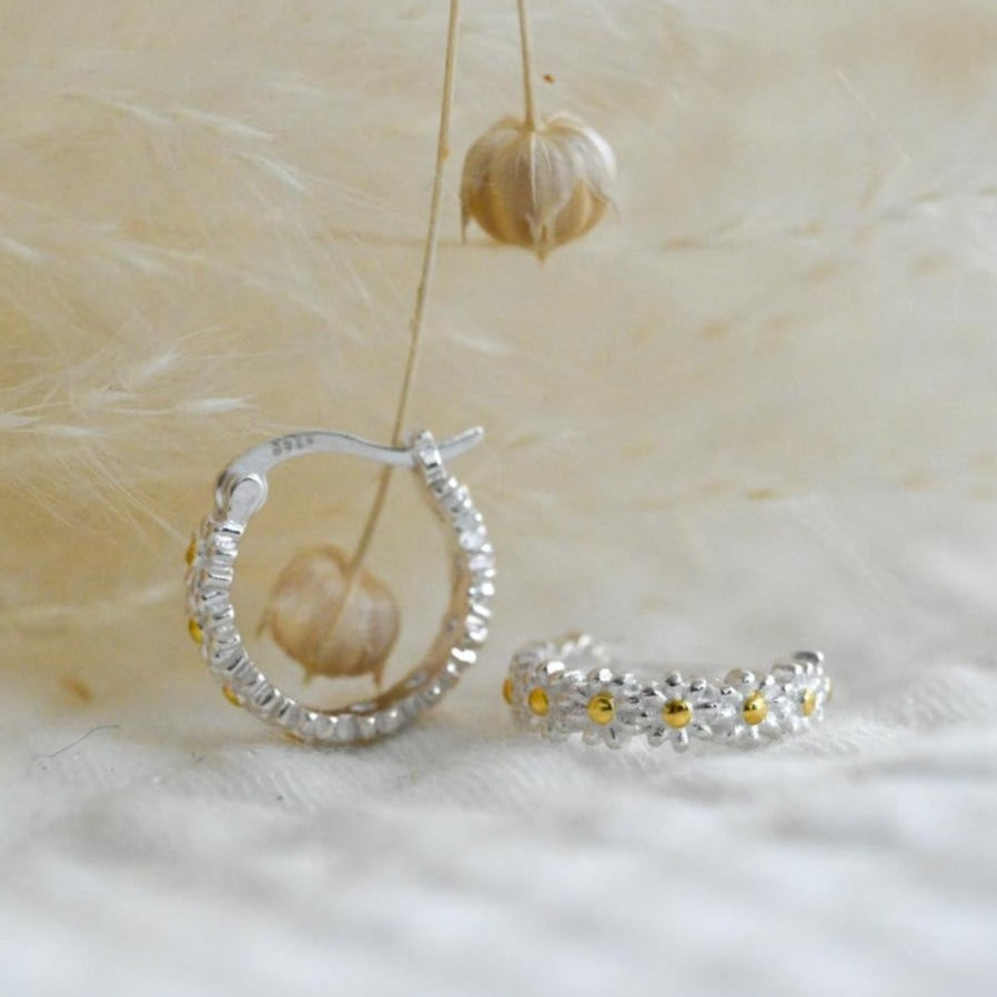 Daisy Hoop Earrings, 925 Silver, 18K Gold