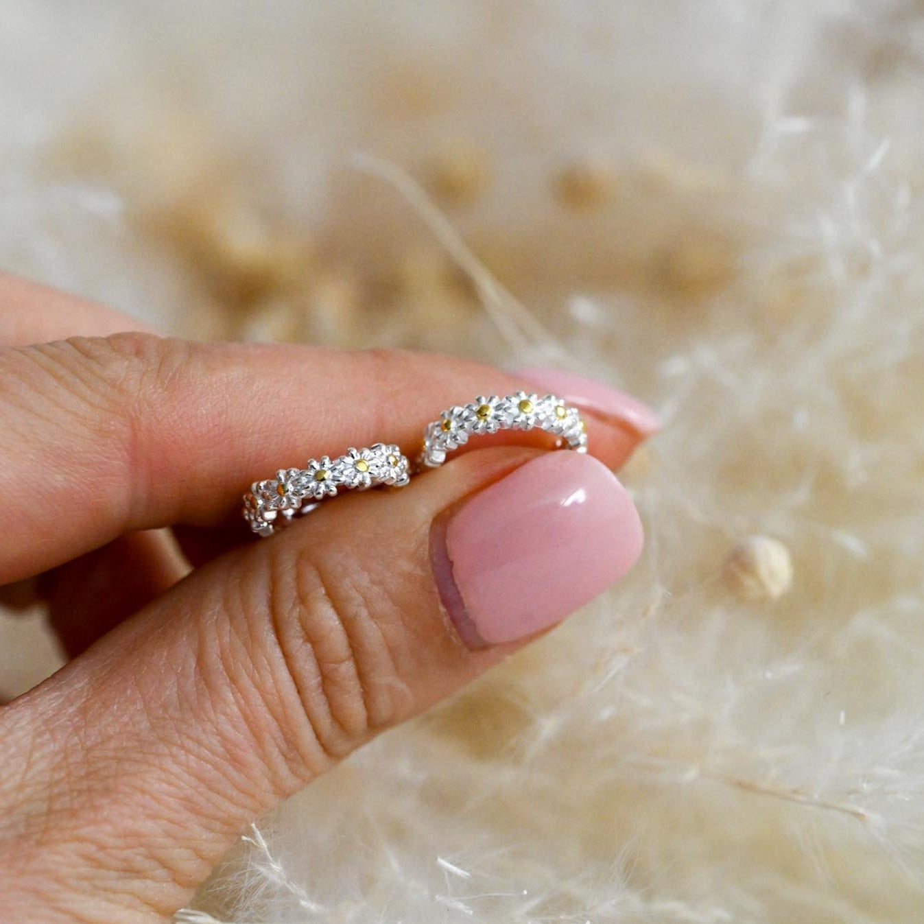 Daisy Hoop Earrings, 925 Silver, 18K Gold
