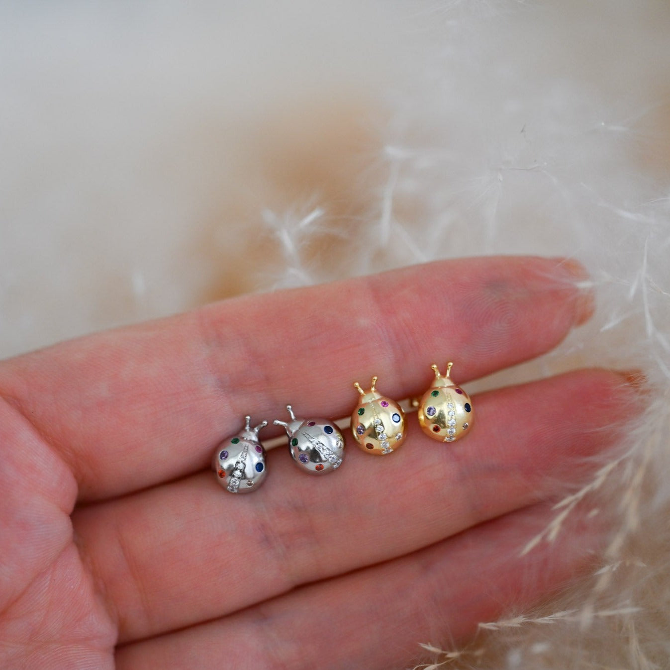 925 Sterling Silver 18K Gold Ladybug Stud Earrings, Colorful Zircon Stones