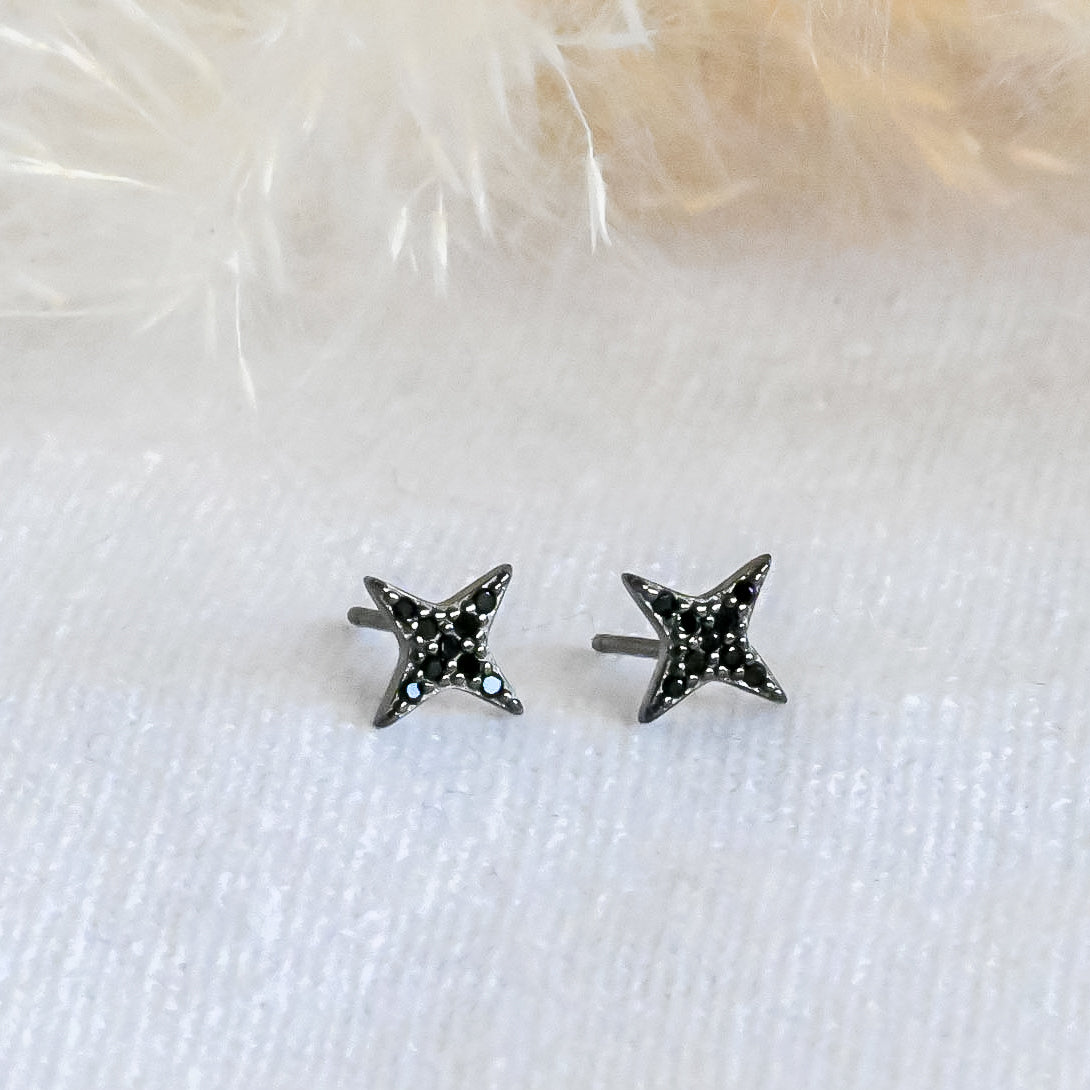 Black Star Stud Earrings, 925 Sterling Silver, Zircon
