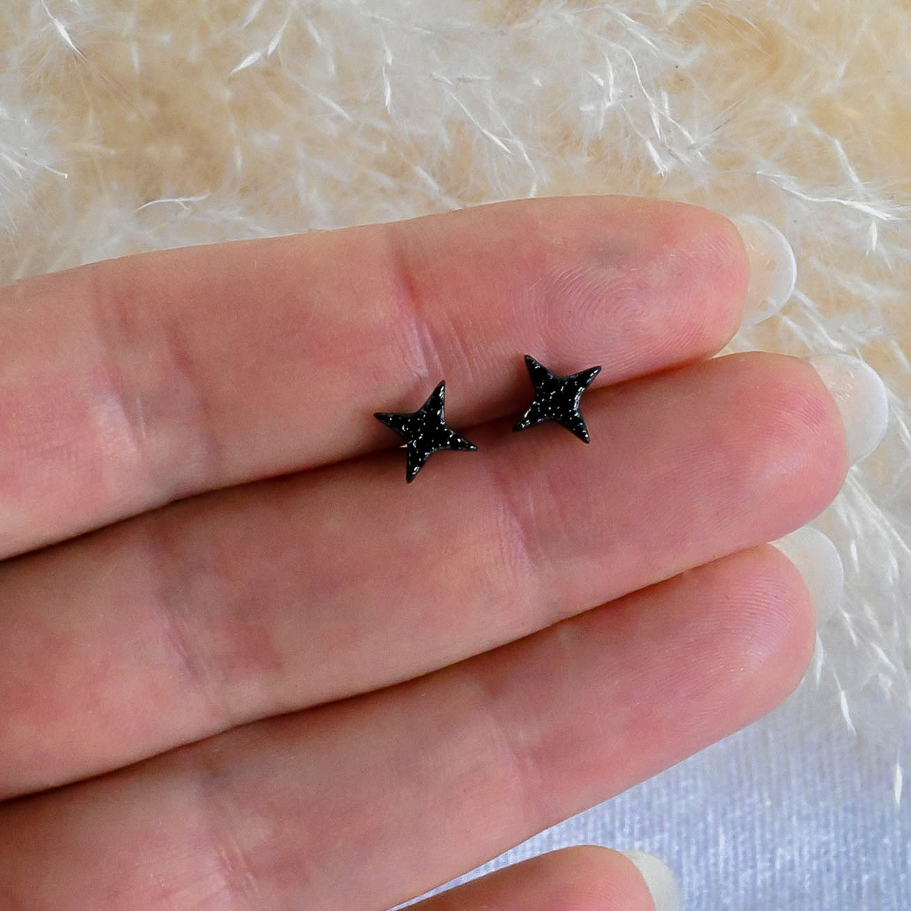 Black Star Stud Earrings, 925 Sterling Silver, Zircon