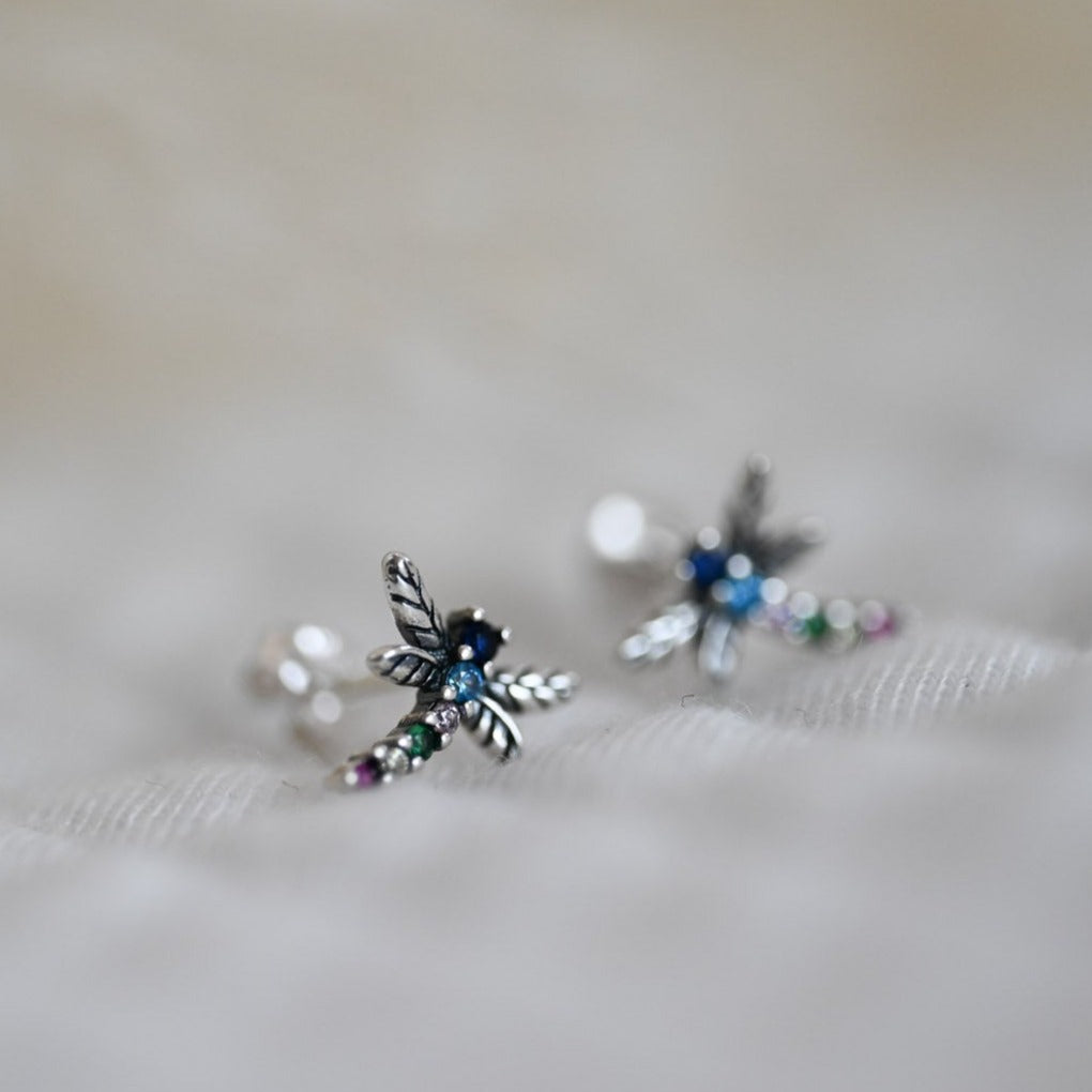 Colorful dragonfly earrings, 925 silver, zircon