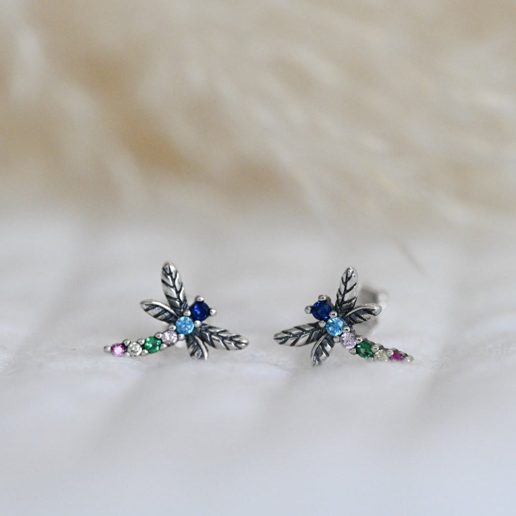 Colorful dragonfly earrings, 925 silver, zircon