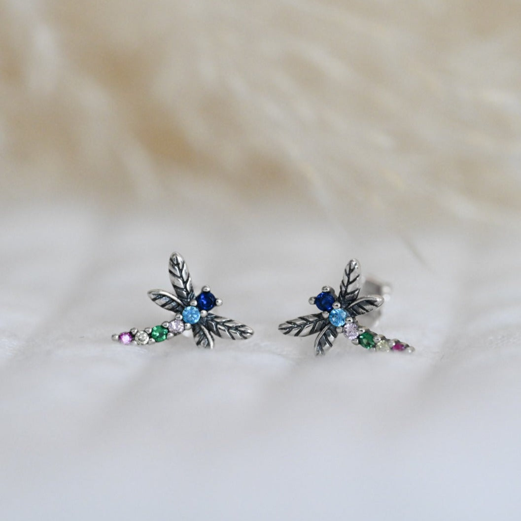 Colorful dragonfly earrings, 925 silver, zircon