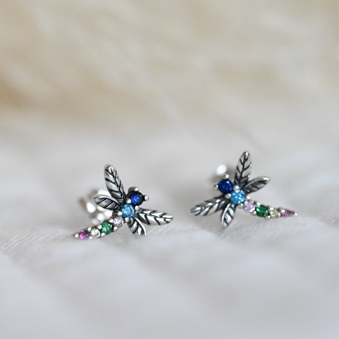 Colorful dragonfly earrings, 925 silver, zircon