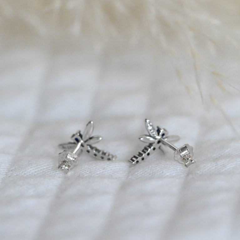 Colorful dragonfly earrings, 925 silver, zircon