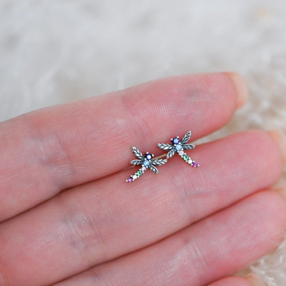 Colorful dragonfly earrings, 925 silver, zircon