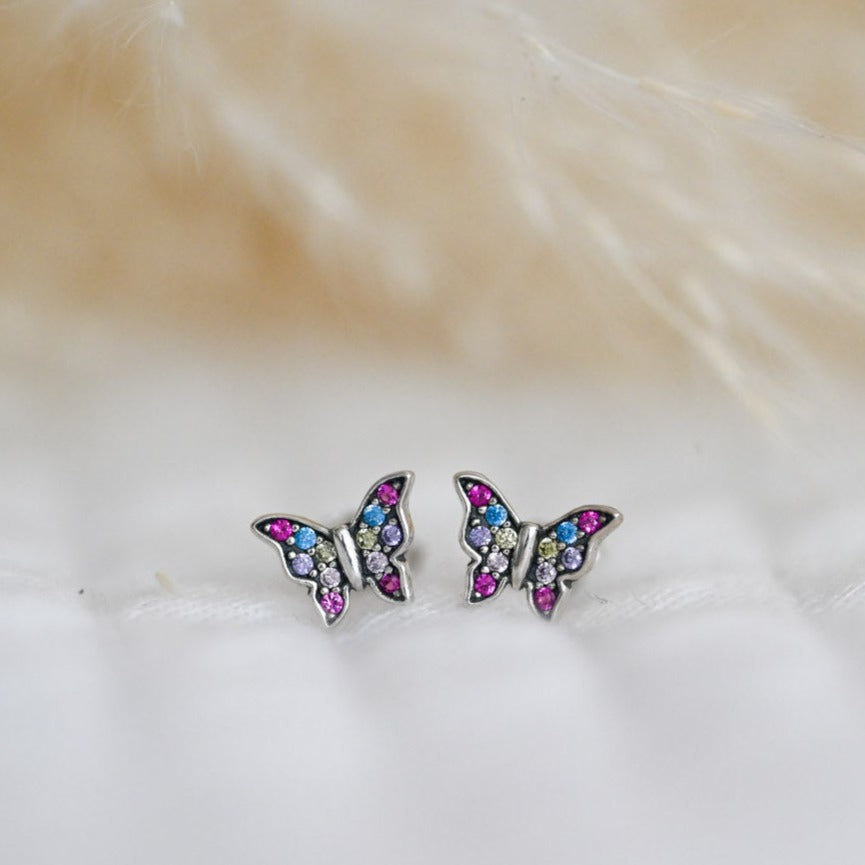 Cute Butterfly, Rainbow Stud Earrings, 925 Silver, Zircon