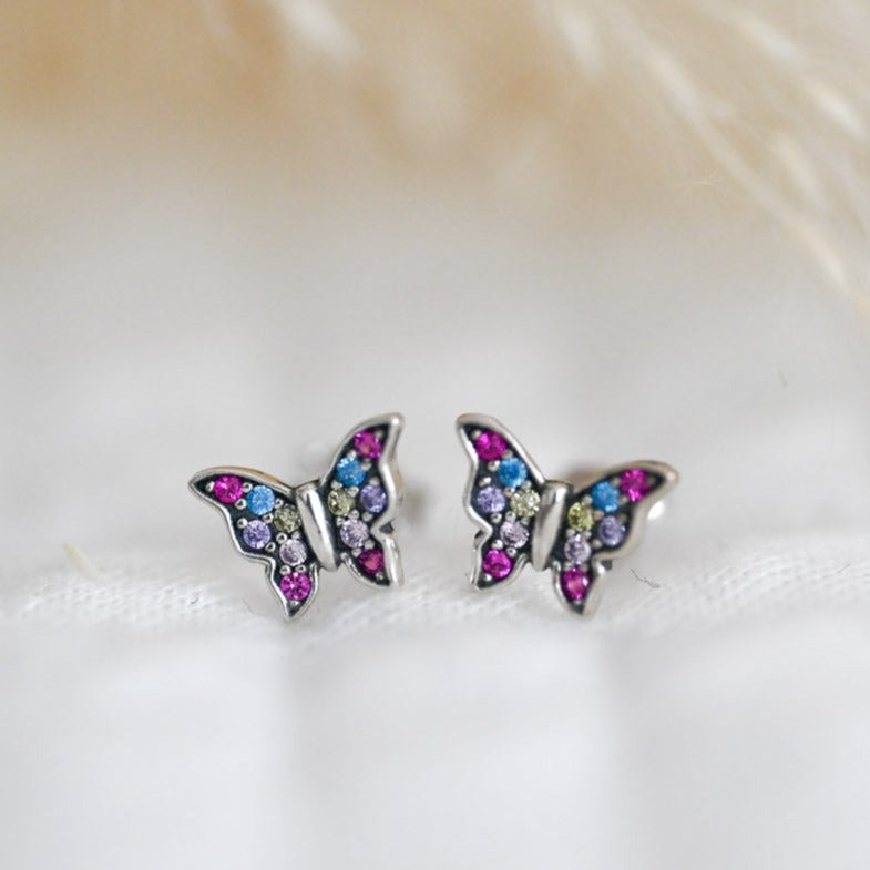 Cute Butterfly, Rainbow Stud Earrings, 925 Silver, Zircon