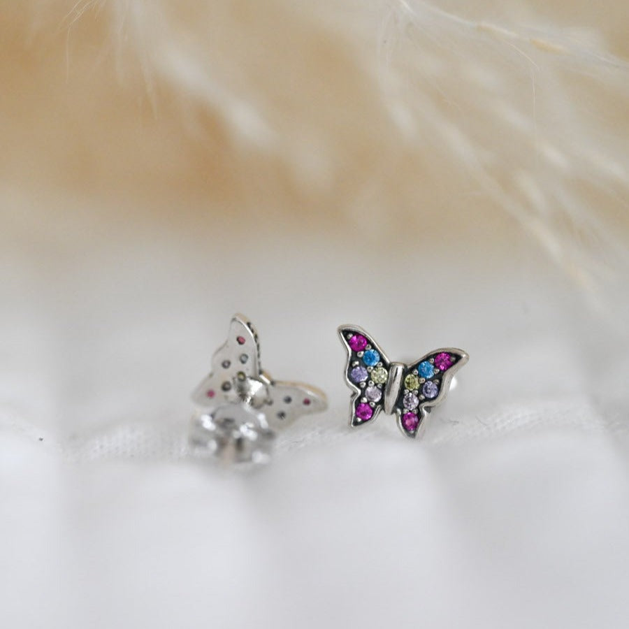 Cute Butterfly, Rainbow Stud Earrings, 925 Silver, Zircon