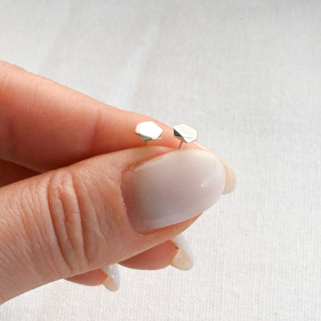 Small Hexagon Stud Earrings, 925 Silver, Black Gold