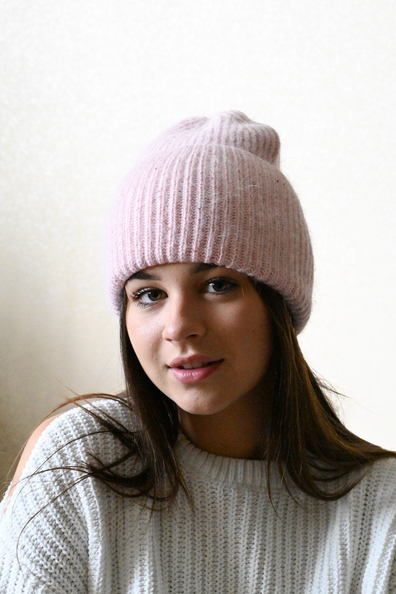 Warm, Soft and Fluffy Angora Beanie, mini sequins, pink