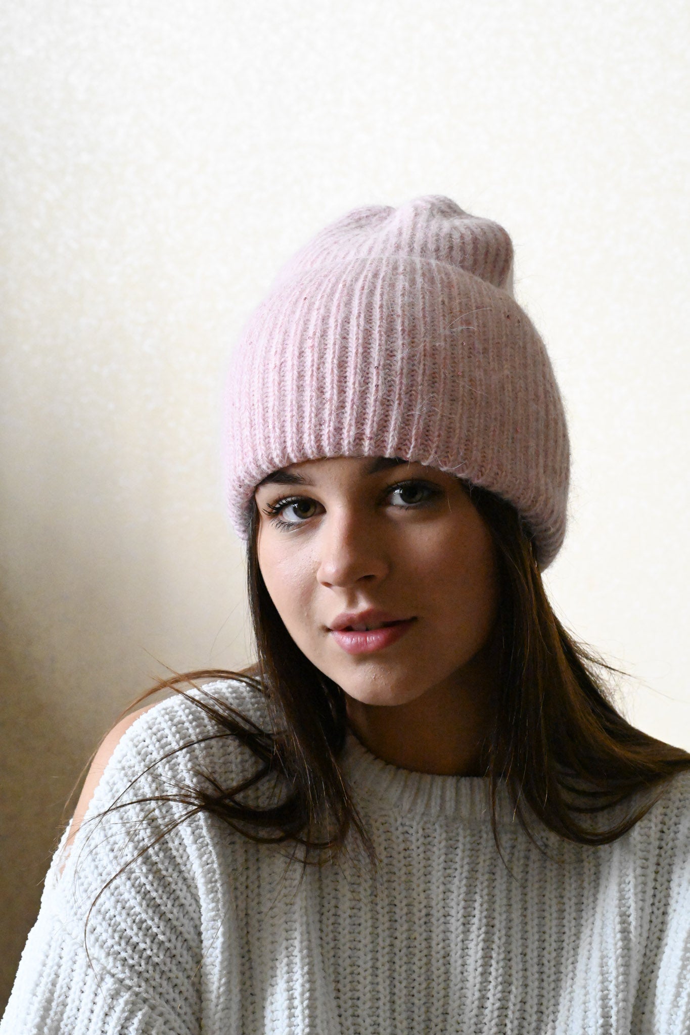 Warm, Soft and Fluffy Angora Beanie, mini sequins, pink