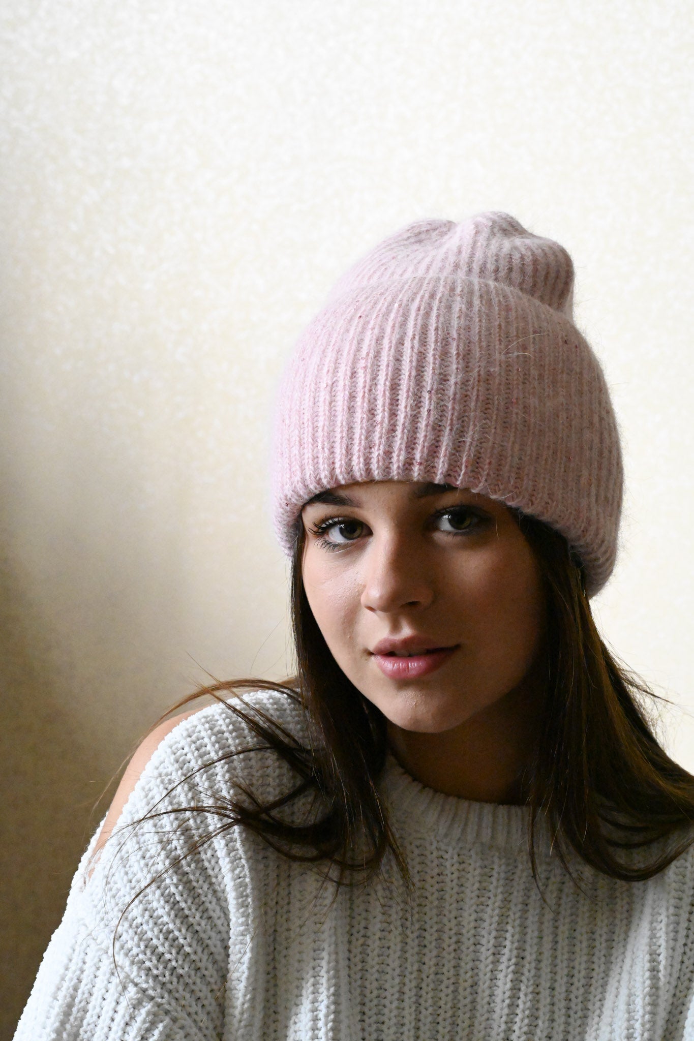 Warm, Soft and Fluffy Angora Beanie, mini sequins, pink