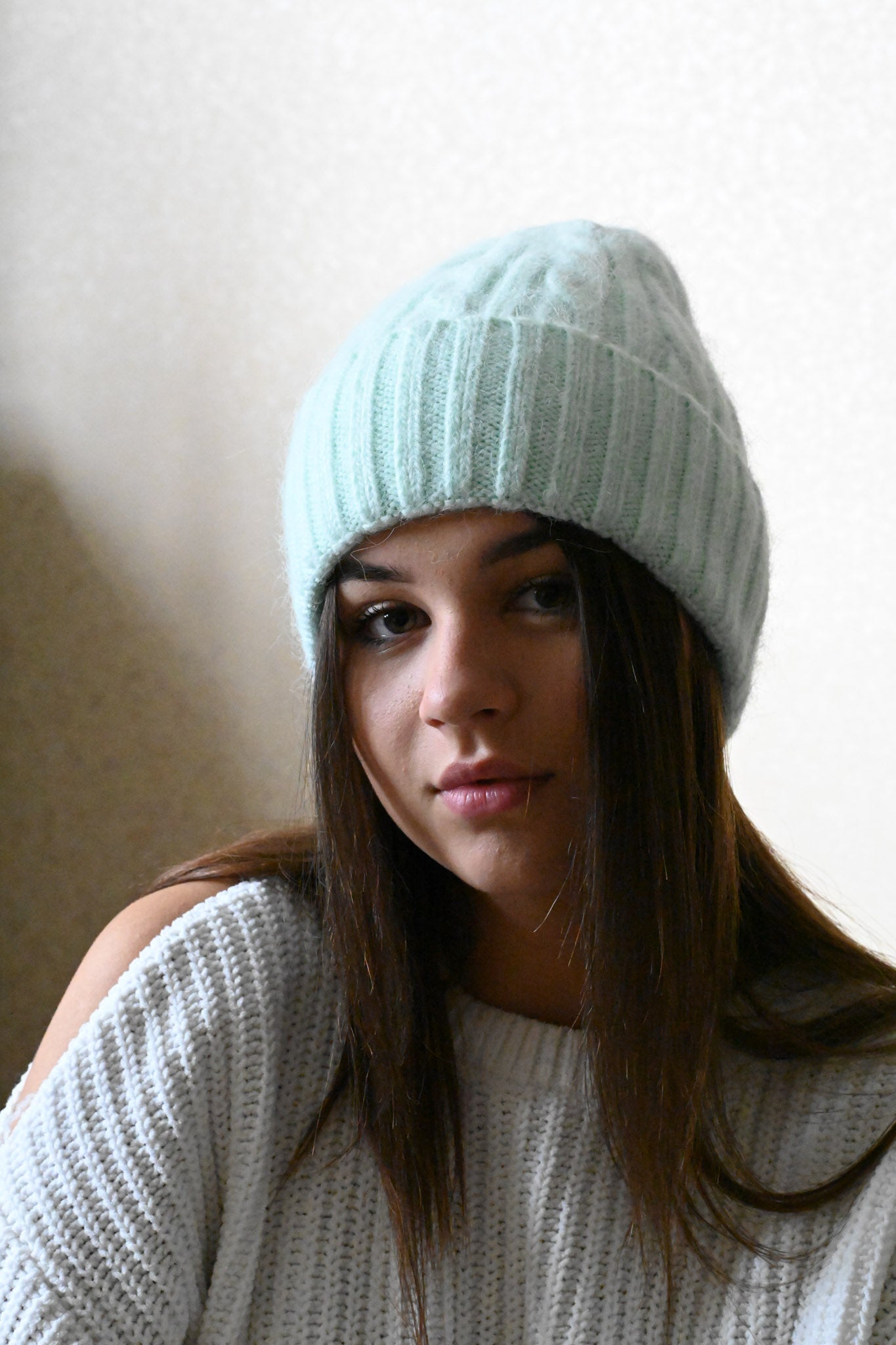 Warm fluffy Angora wool beanie, yellow