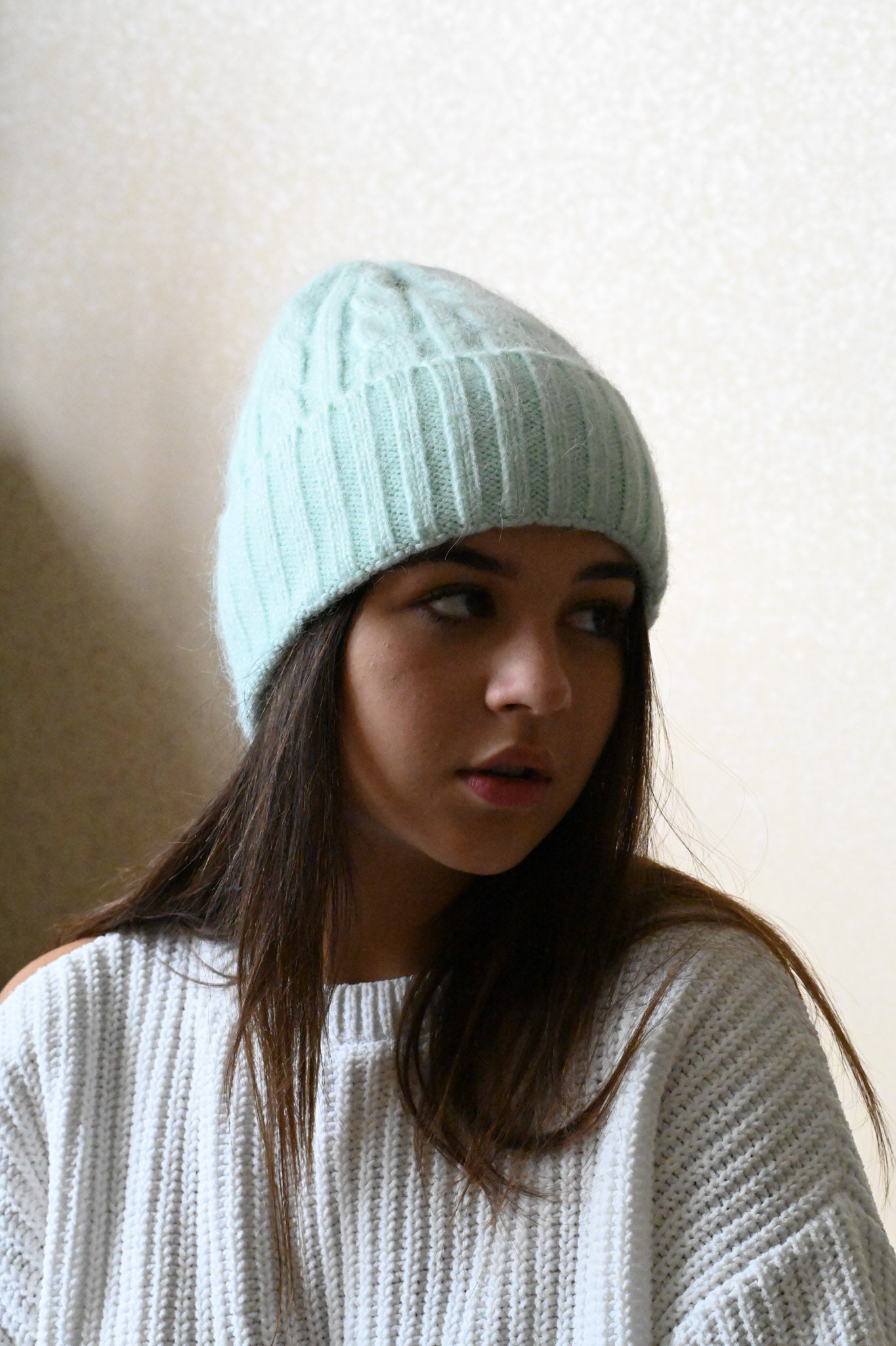 Warm fluffy Angora wool beanie, yellow