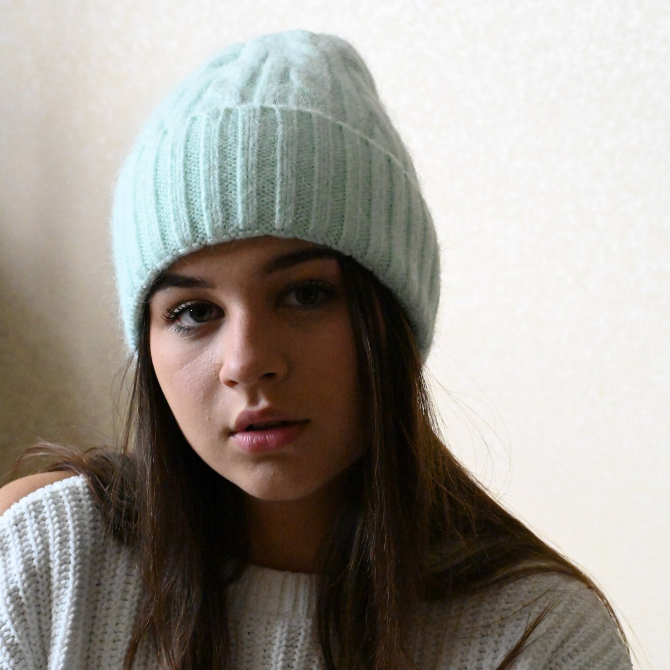 Warm fluffy Angora wool beanie, yellow