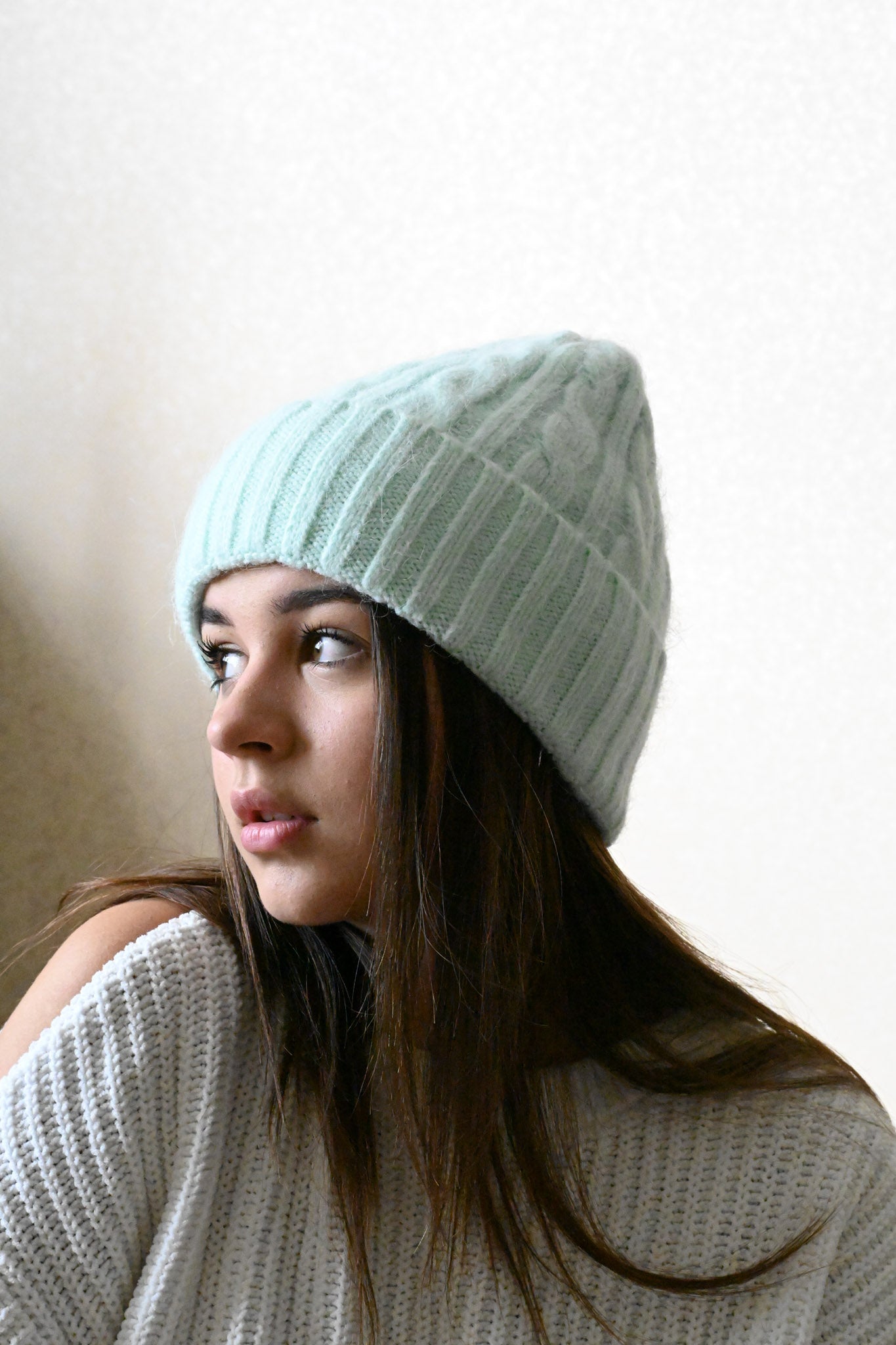 Warm fluffy Angora wool beanie, yellow