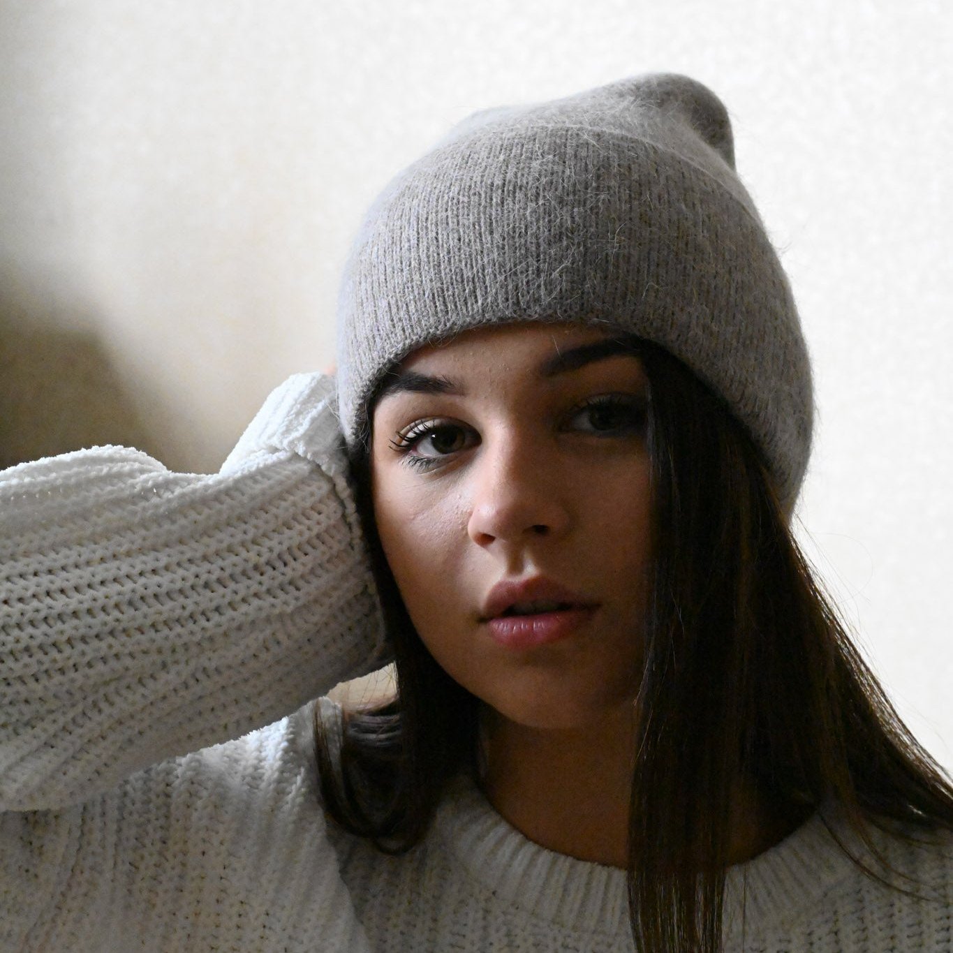 Warm, soft and fluffy hat made of merino wool and angora wool, cappuccino
