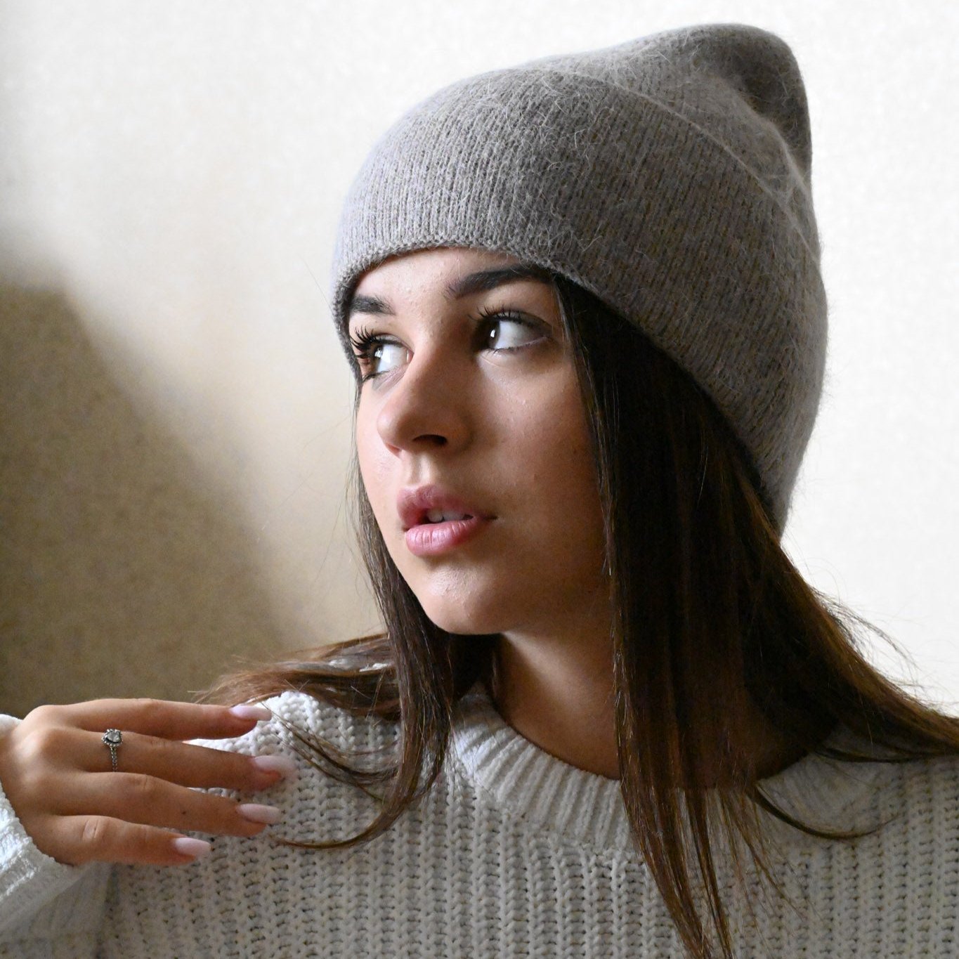 Warm, soft and fluffy hat made of merino wool and angora wool, cappuccino
