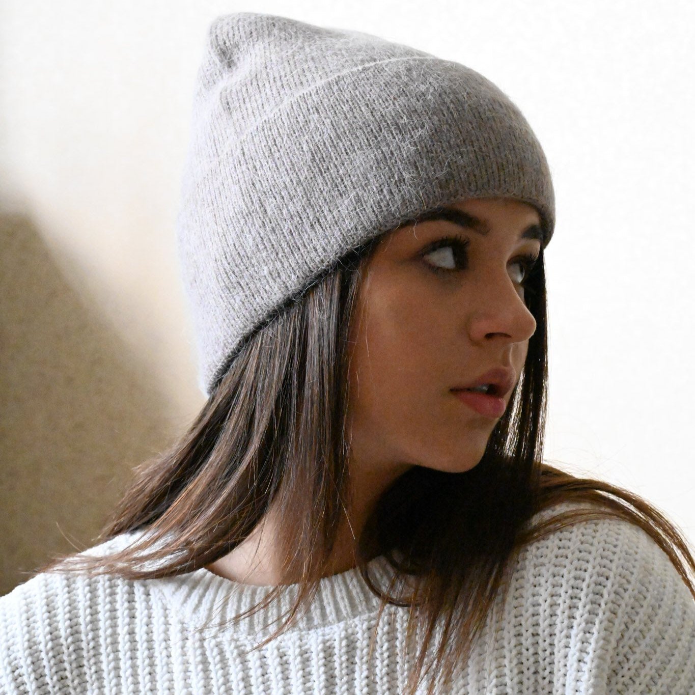 Warm, soft and fluffy hat made of merino wool and angora wool, cappuccino