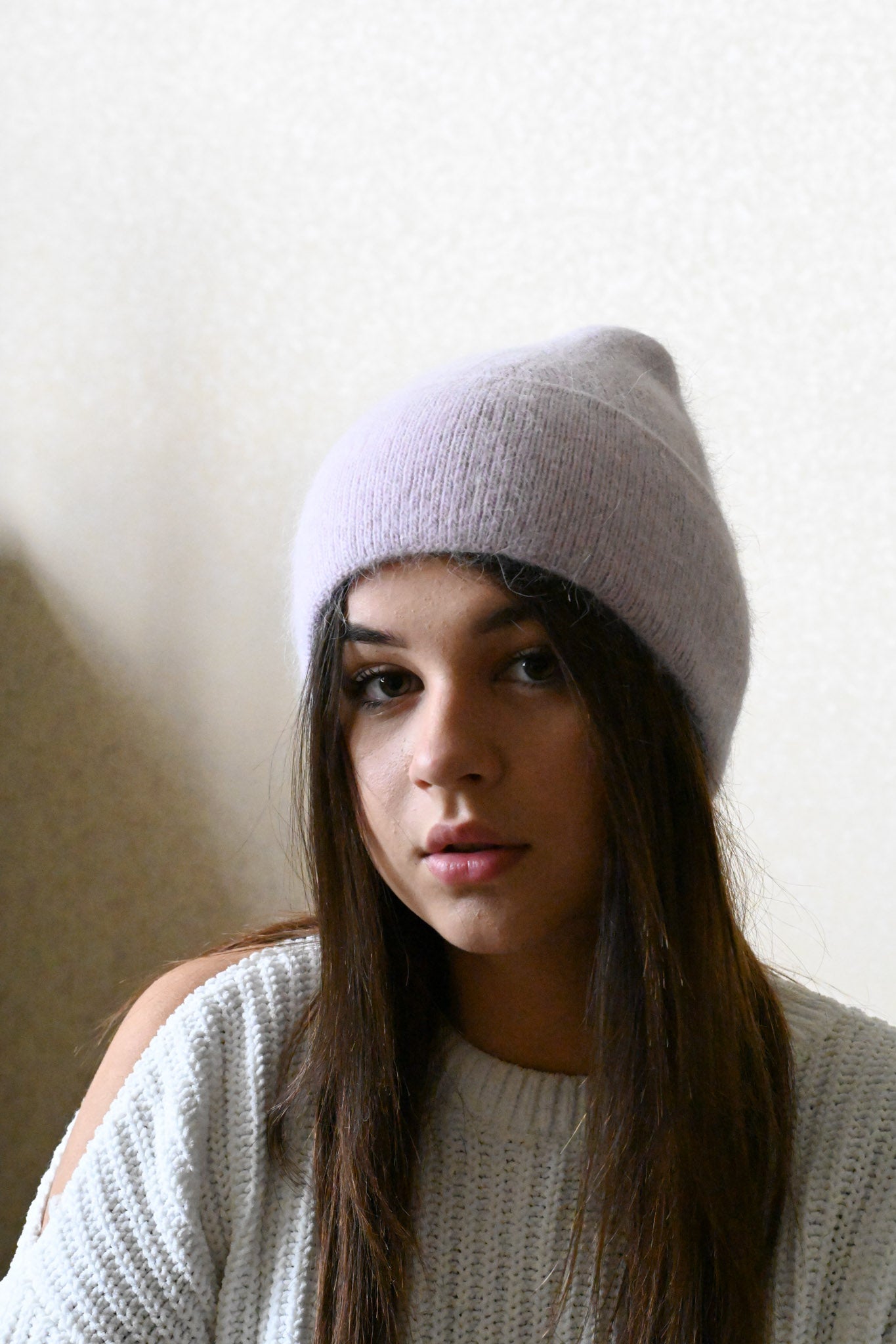 Warm, soft and fluffy hat made of merino wool and angora wool, lilac