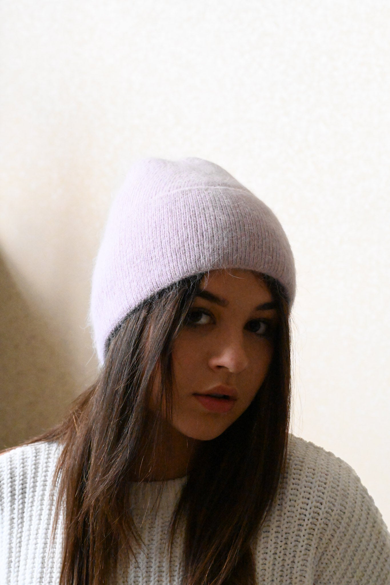 Warm, soft and fluffy hat made of merino wool and angora wool, lilac