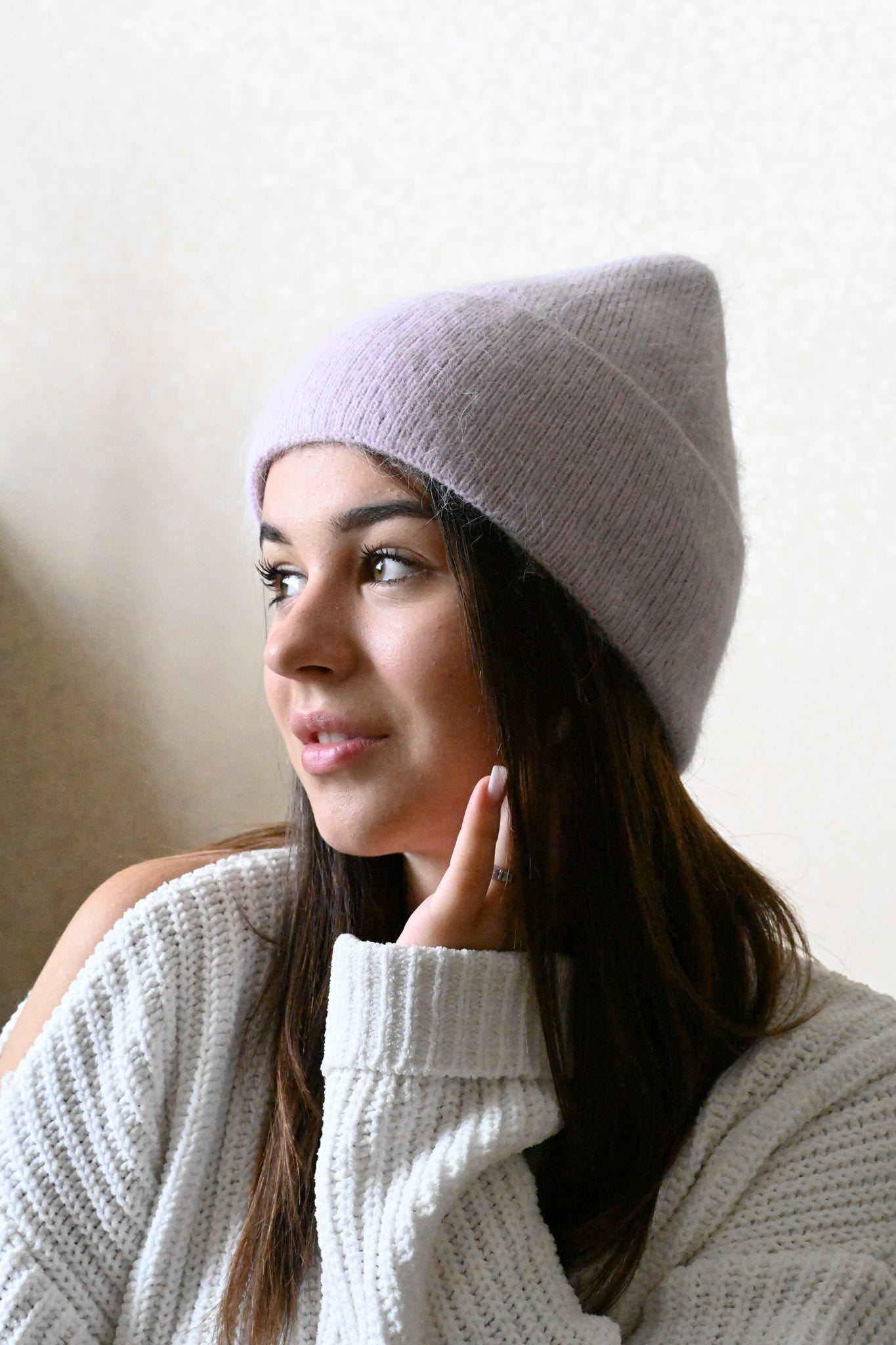 Warm, soft and fluffy hat made of merino wool and angora wool, lilac