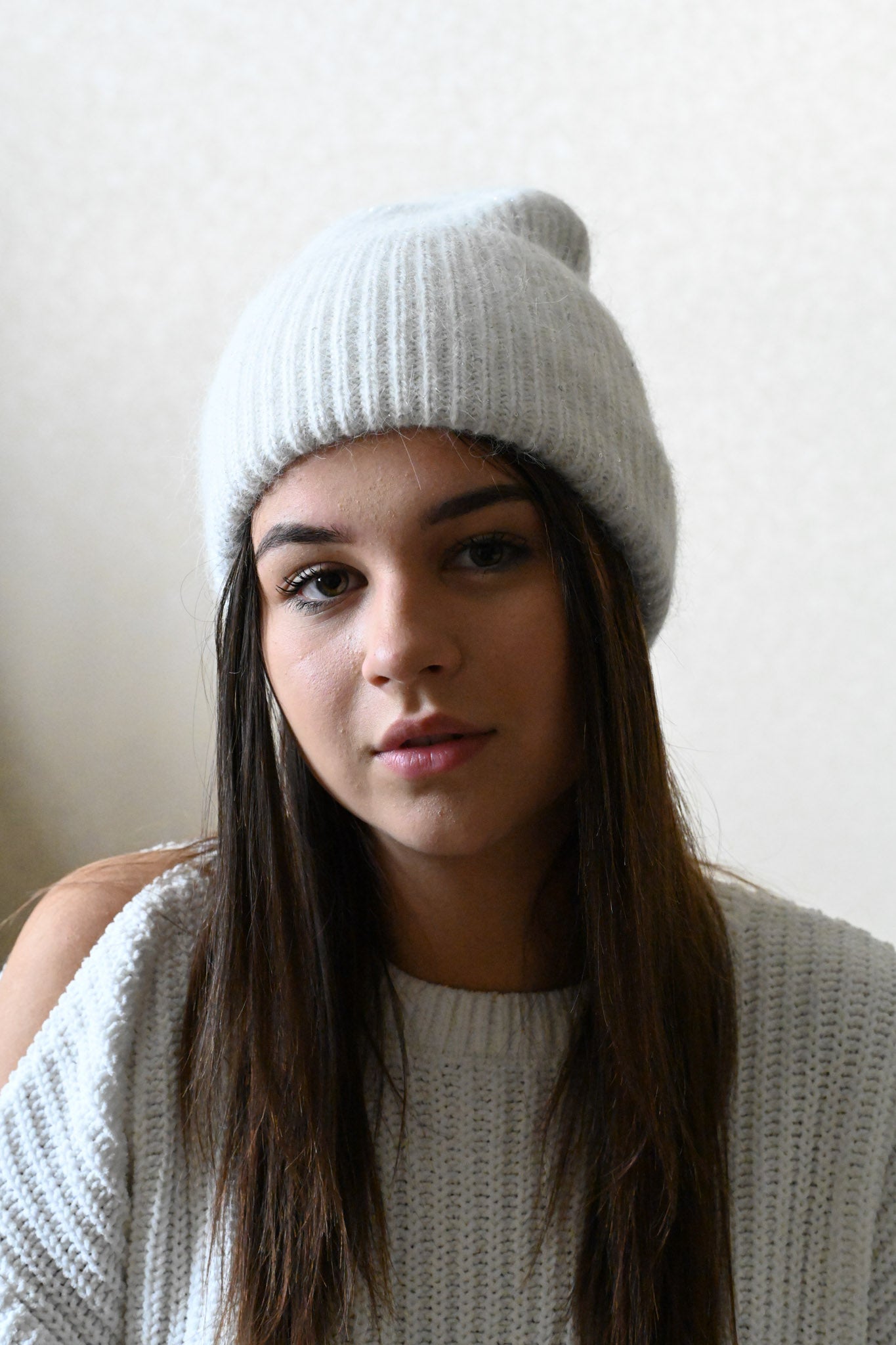 Warm, soft and fluffy Angora beanie, mini sequins, ecru