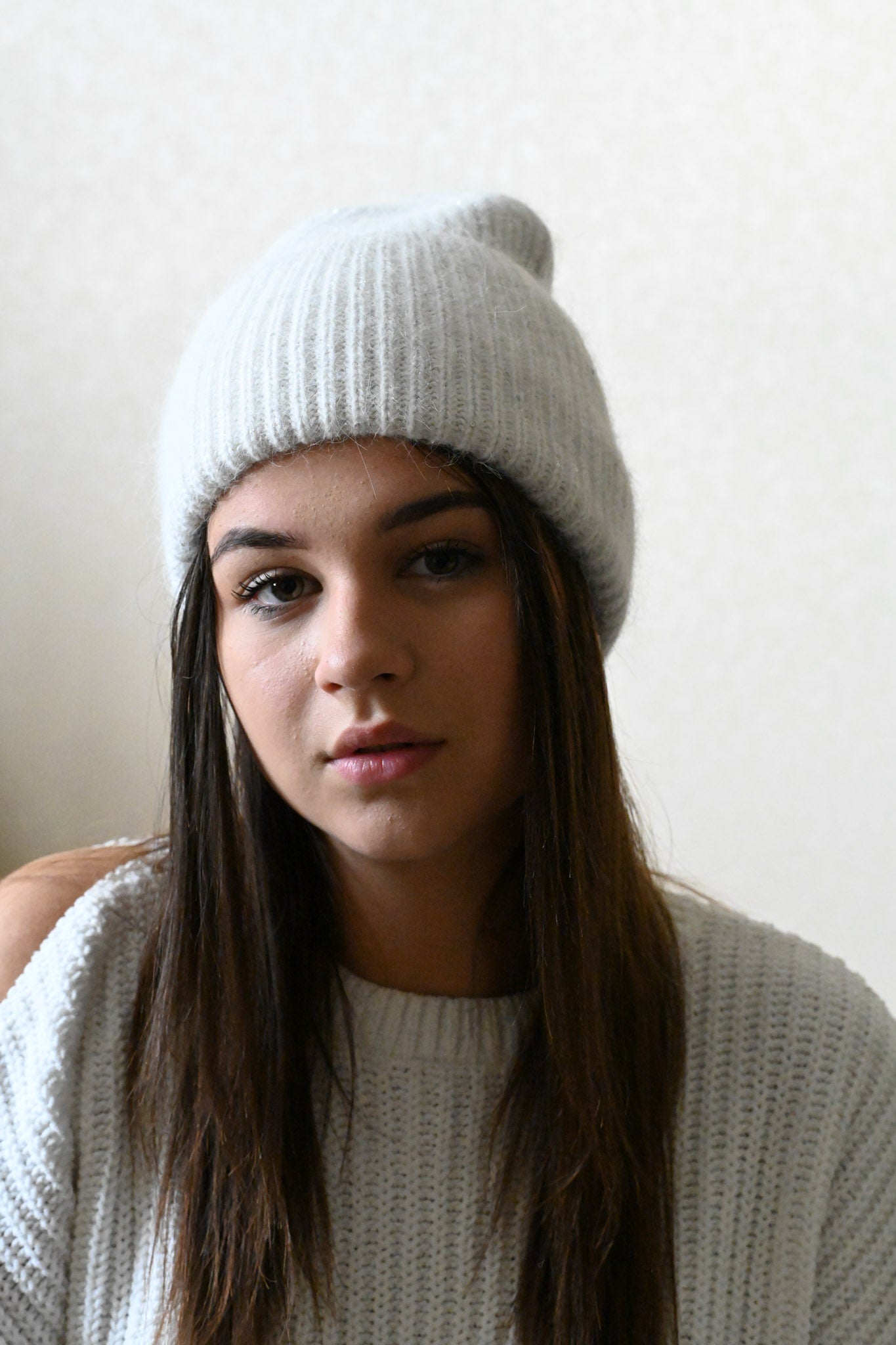 Warm, soft and fluffy Angora beanie, mini sequins, ecru